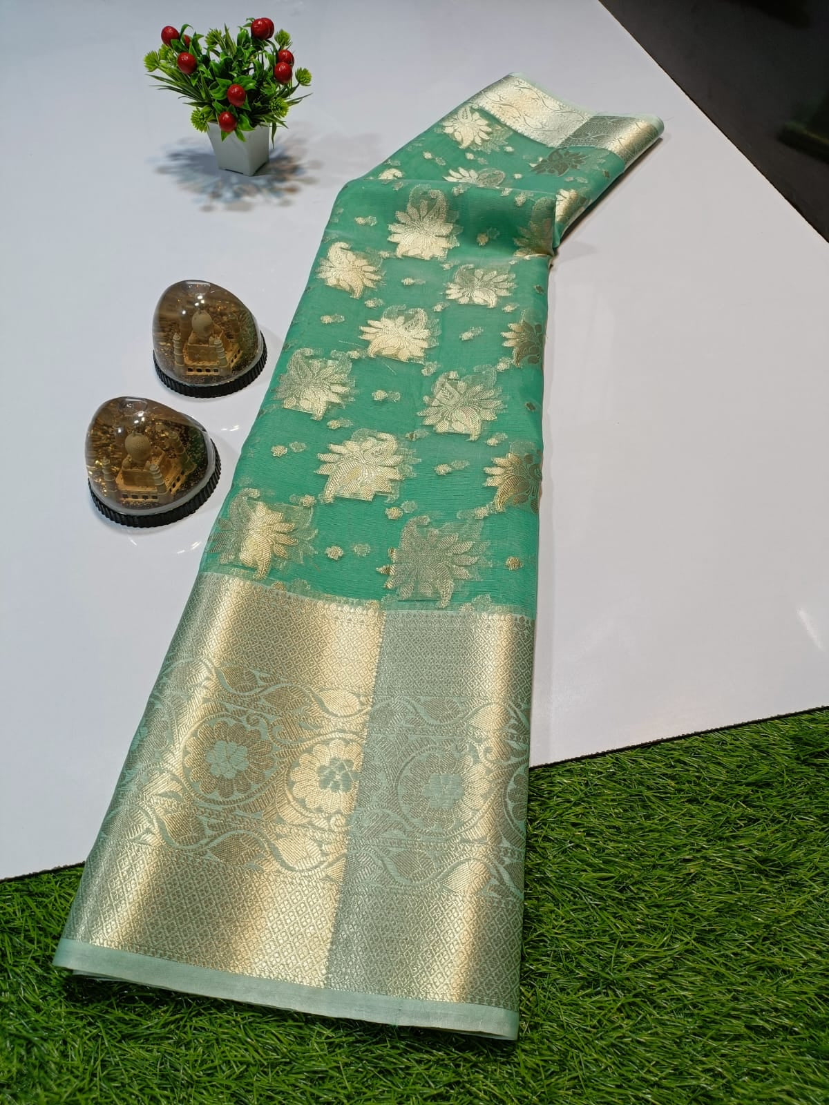 Mint Green Banarasi Semi Kora Organza Fancy Event Saree