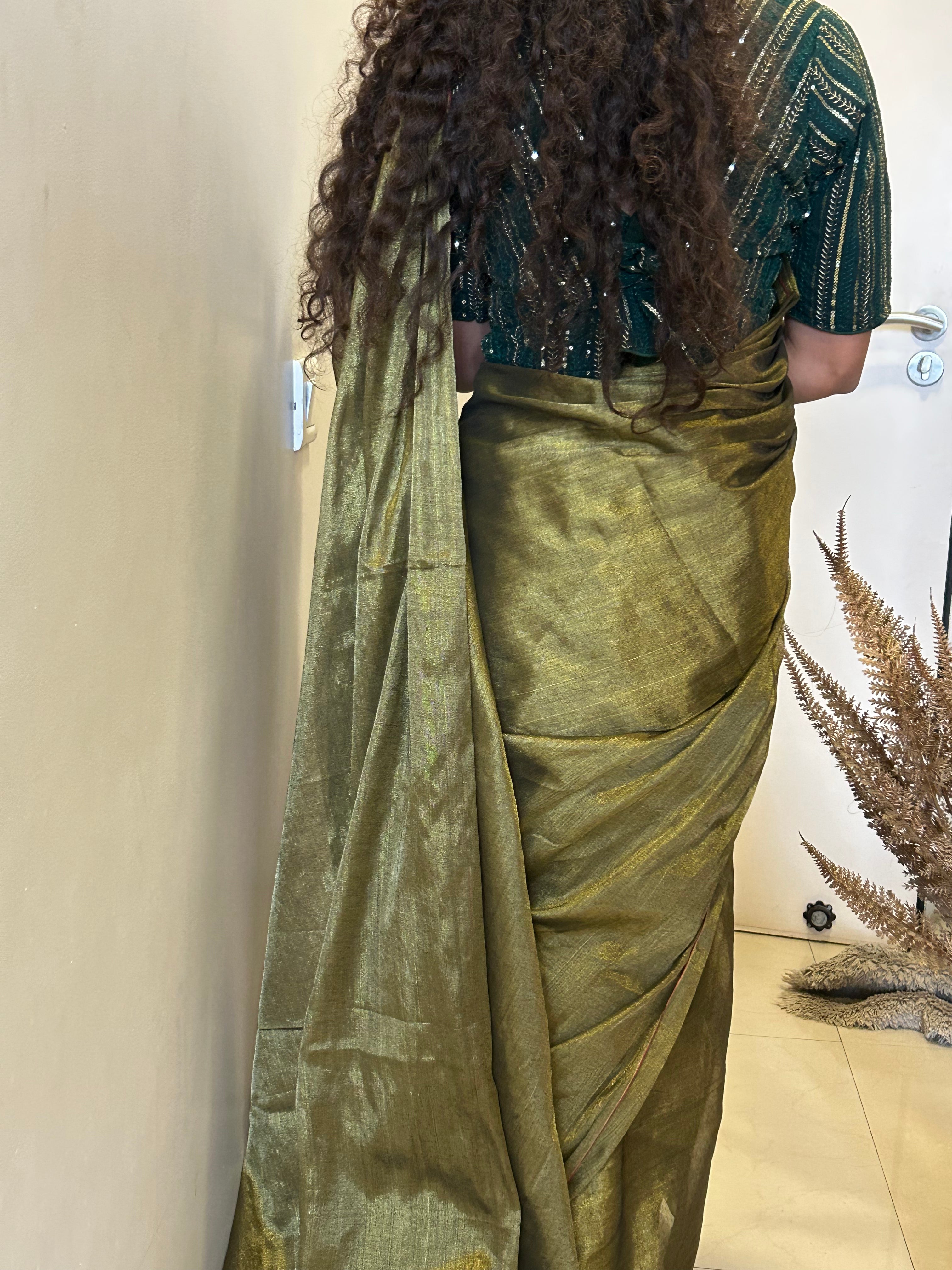 Rekha Inspired Green Tissue Silk Saree With Blouse