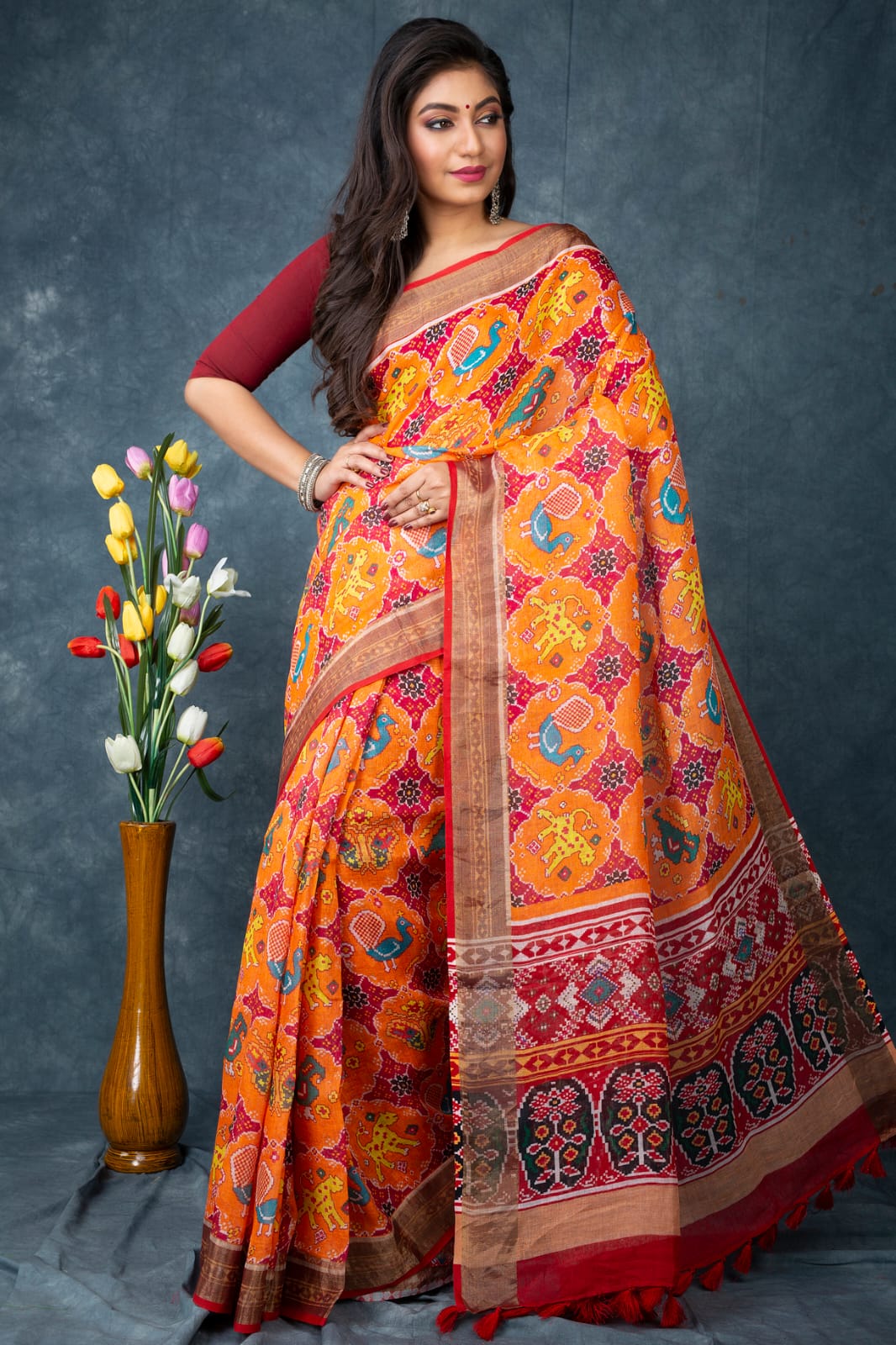 Yellow Patola look pure linen saree with blouse