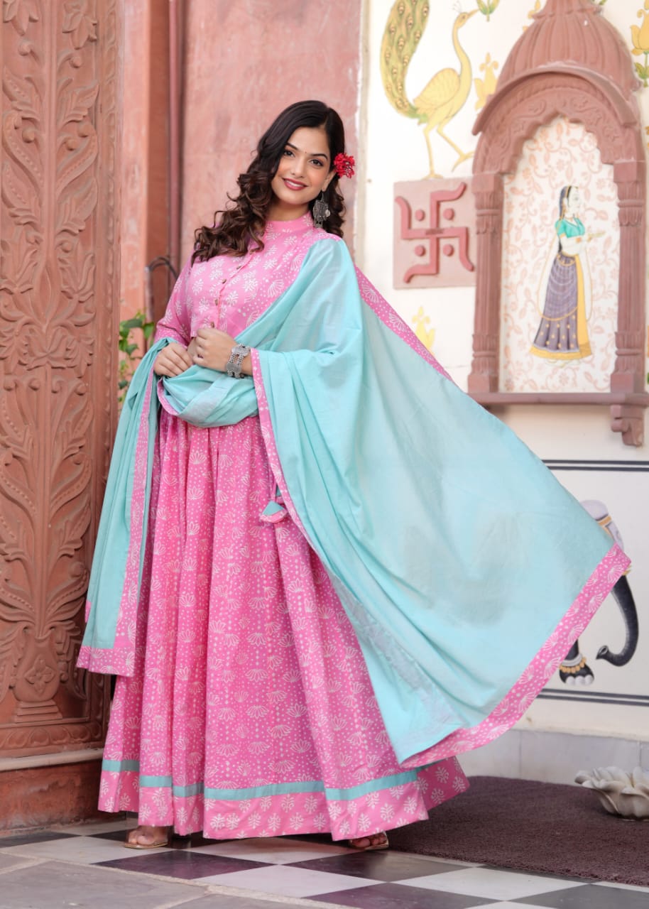 Pink Dandia Block Print Flora lehenga choli Set