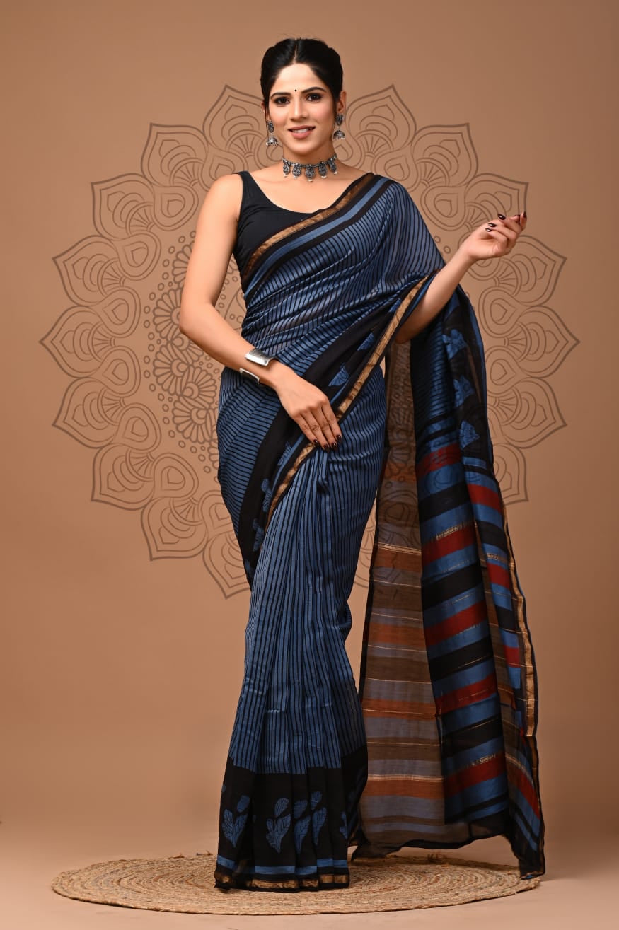 Blue Chanderi Handblock Printed Saree