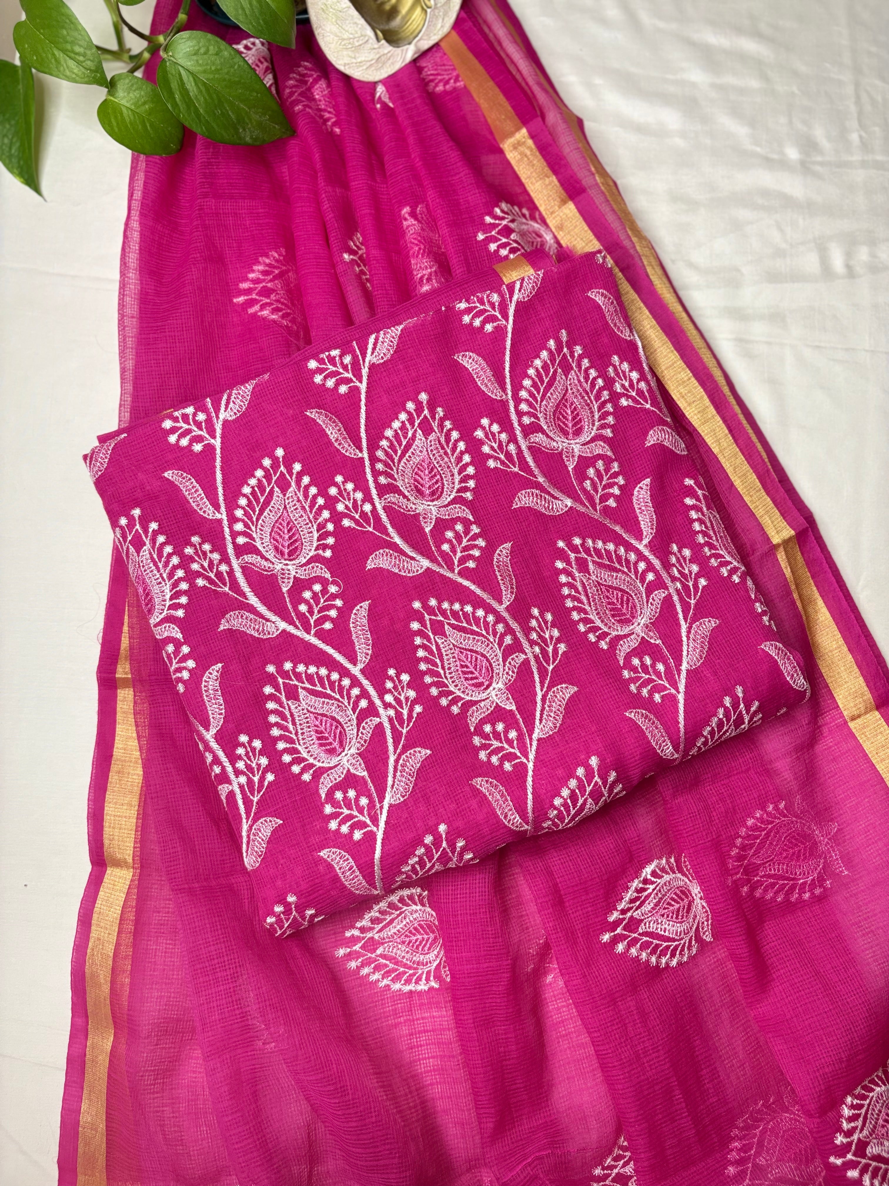 Rajyalakshmi- Kota Doriya Embroidery Work Suit In  Rani pink