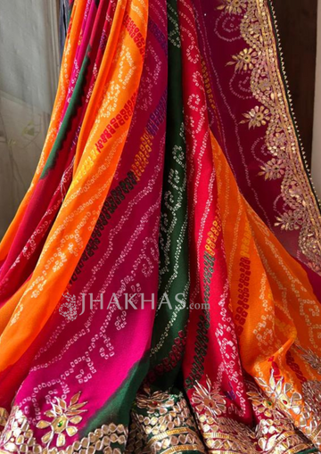 Handmade Indian rajasthani bandhej bandhni silk pink color gotta patti work bridal wedding party wear fancy women saree online with blouse