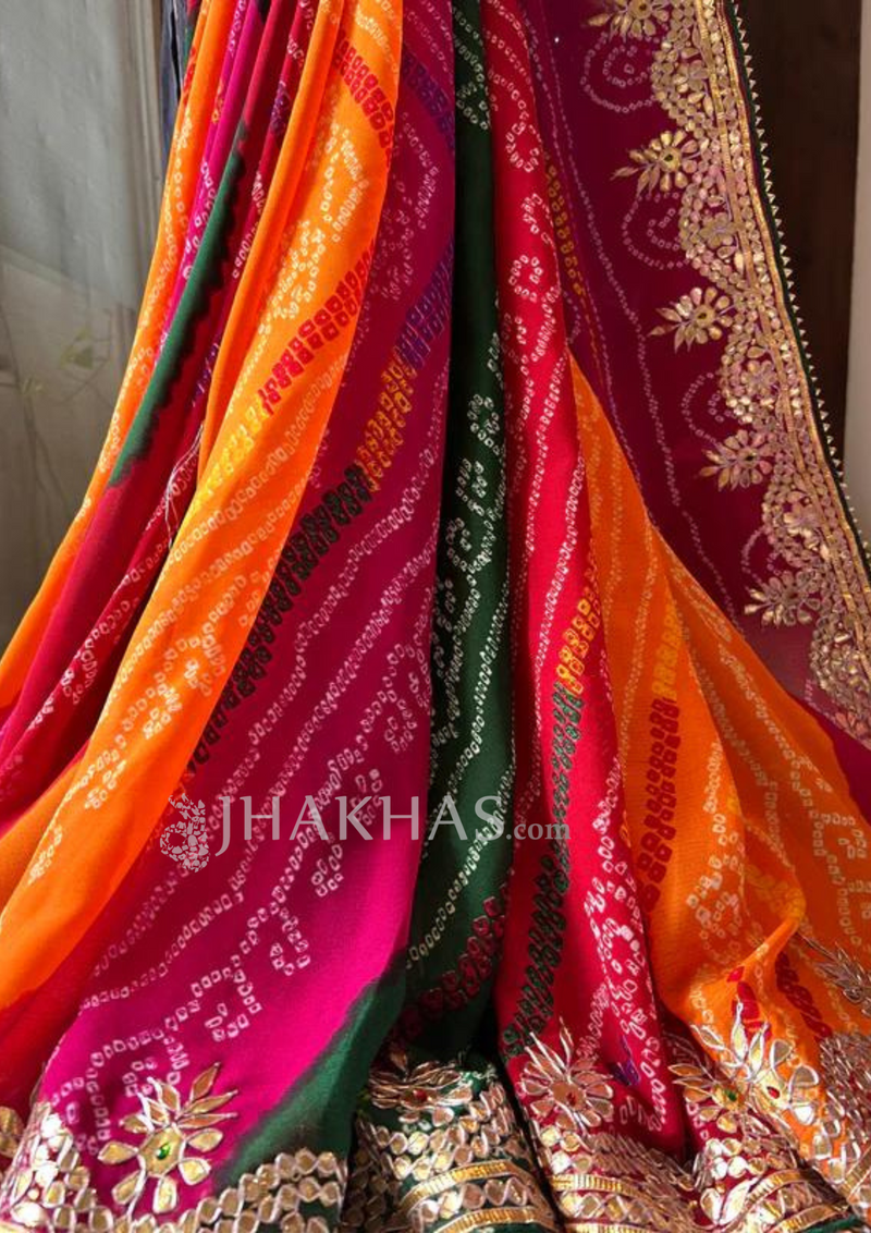 Multicolor Leheriya Bandhej Gota Patti Saree
