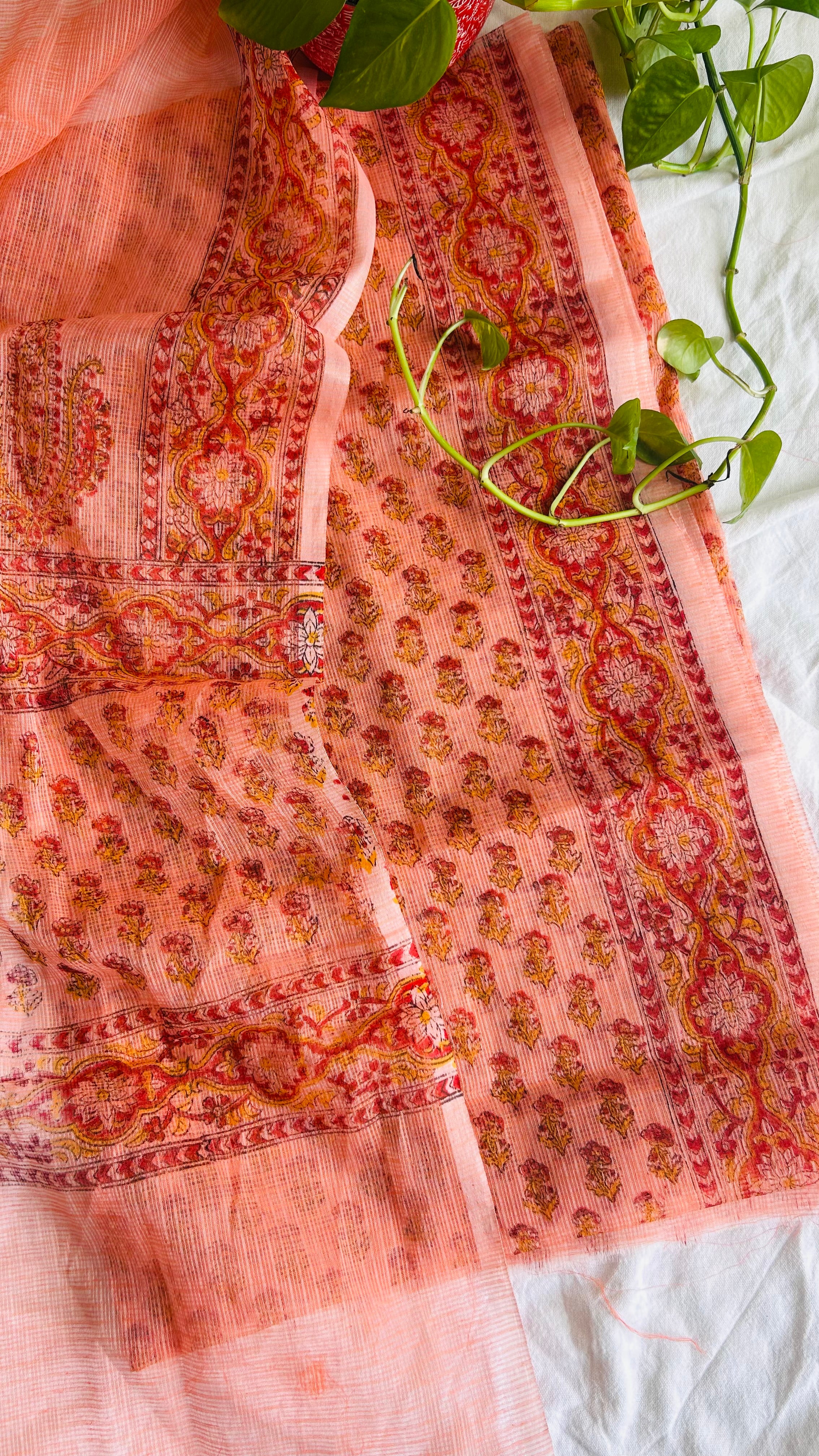 Summer Look Kota Doria Hand Block Print Suit In Peach(unstitched)