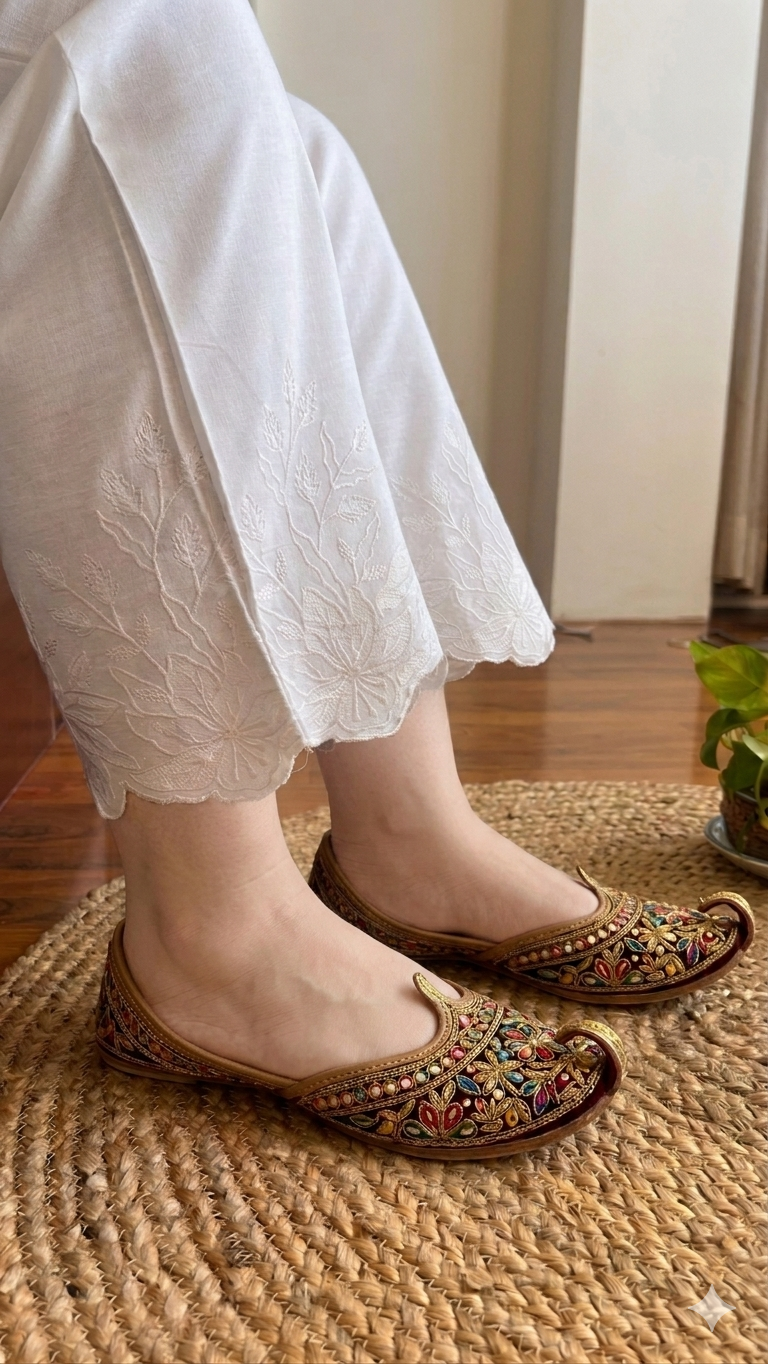 Aarika White Full Embroidery Straight Pant In Cotton For Women