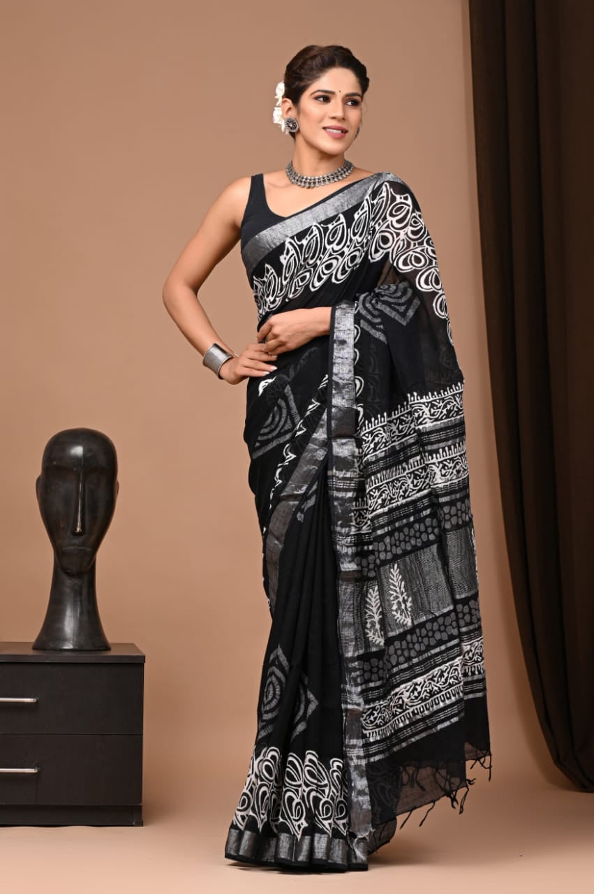 Black & white Pure Linen Saree With Zari Border