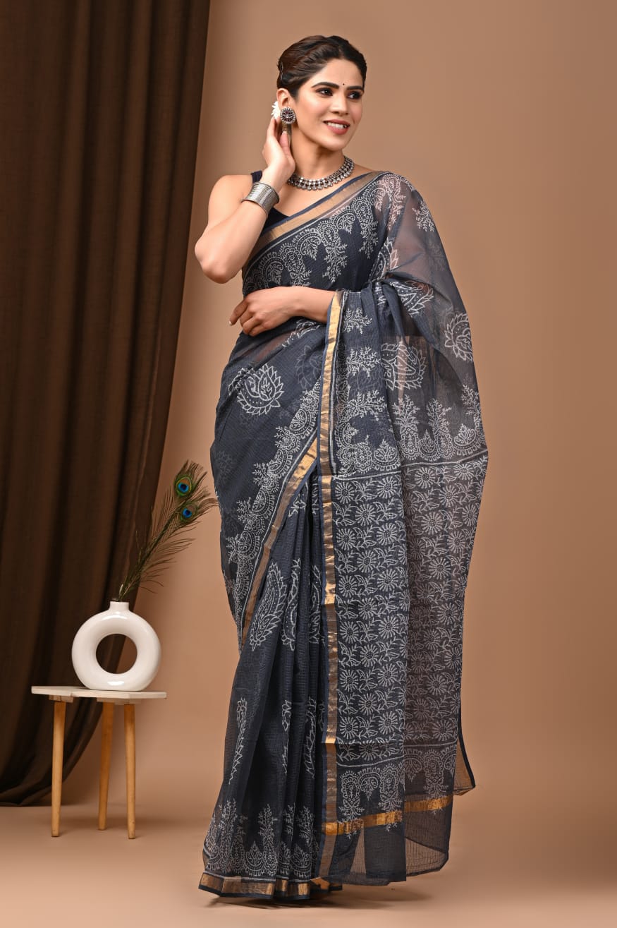 Elegant  Blue Traditional Kota Doria Print Saree