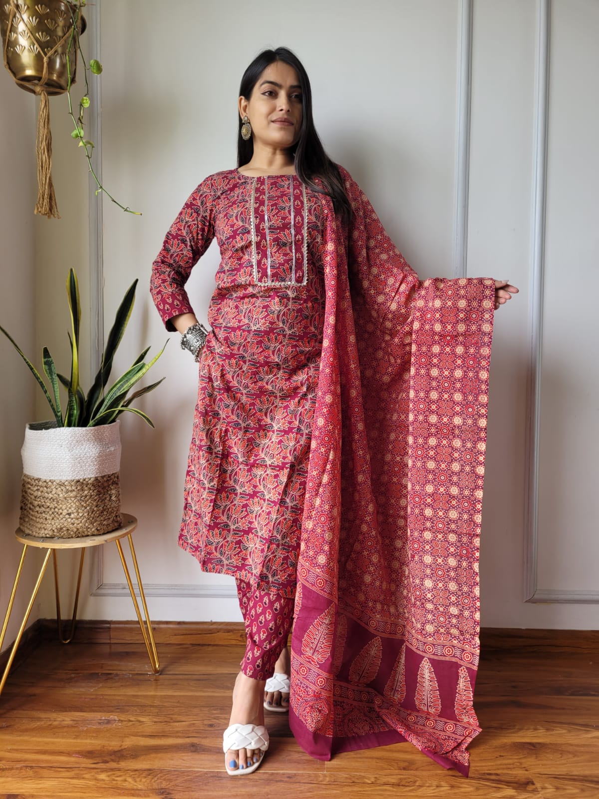 Maroon Block Print Suit Set With Dupatta