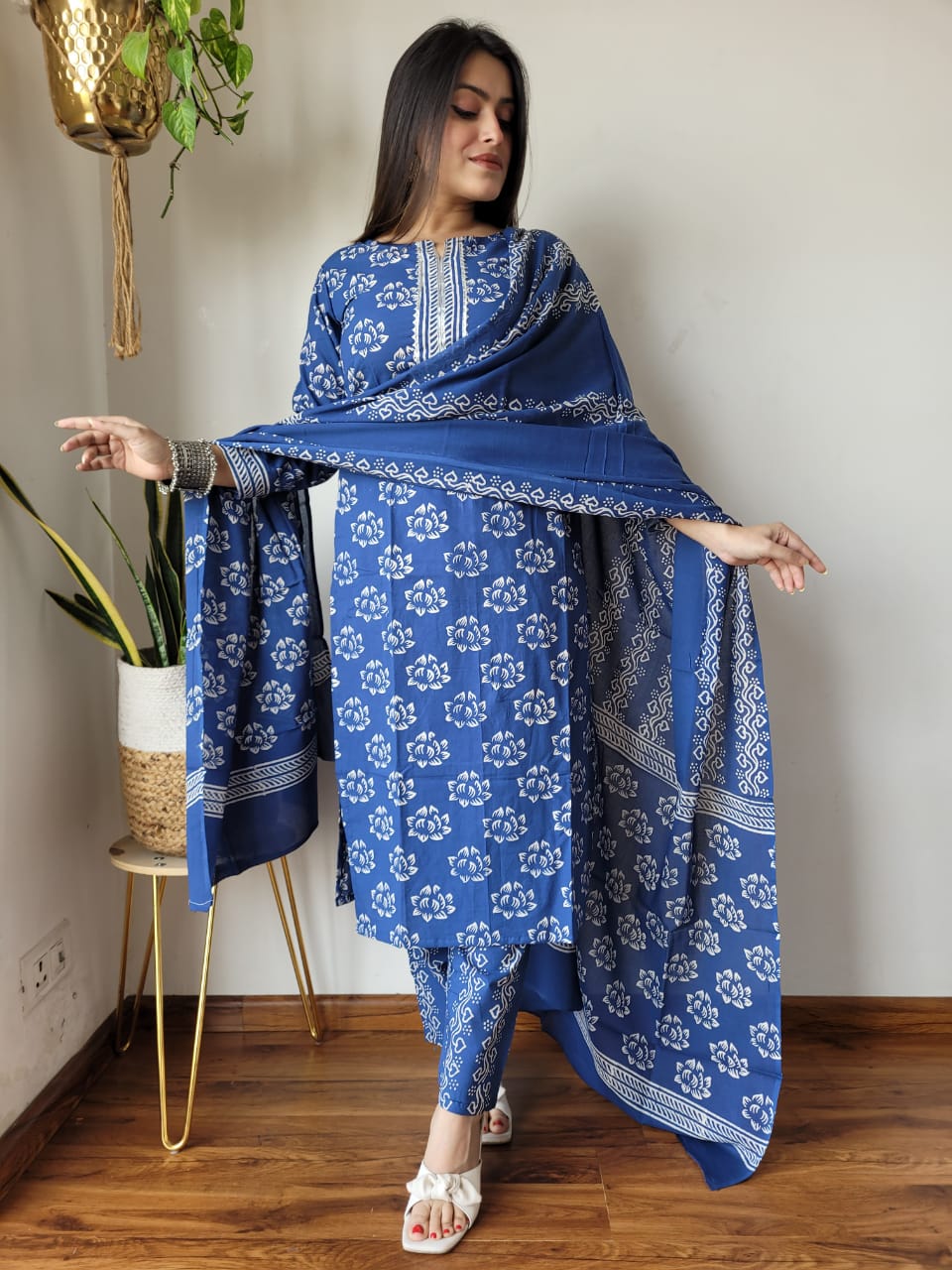 Blue Block Print Suit Set And Dupatta