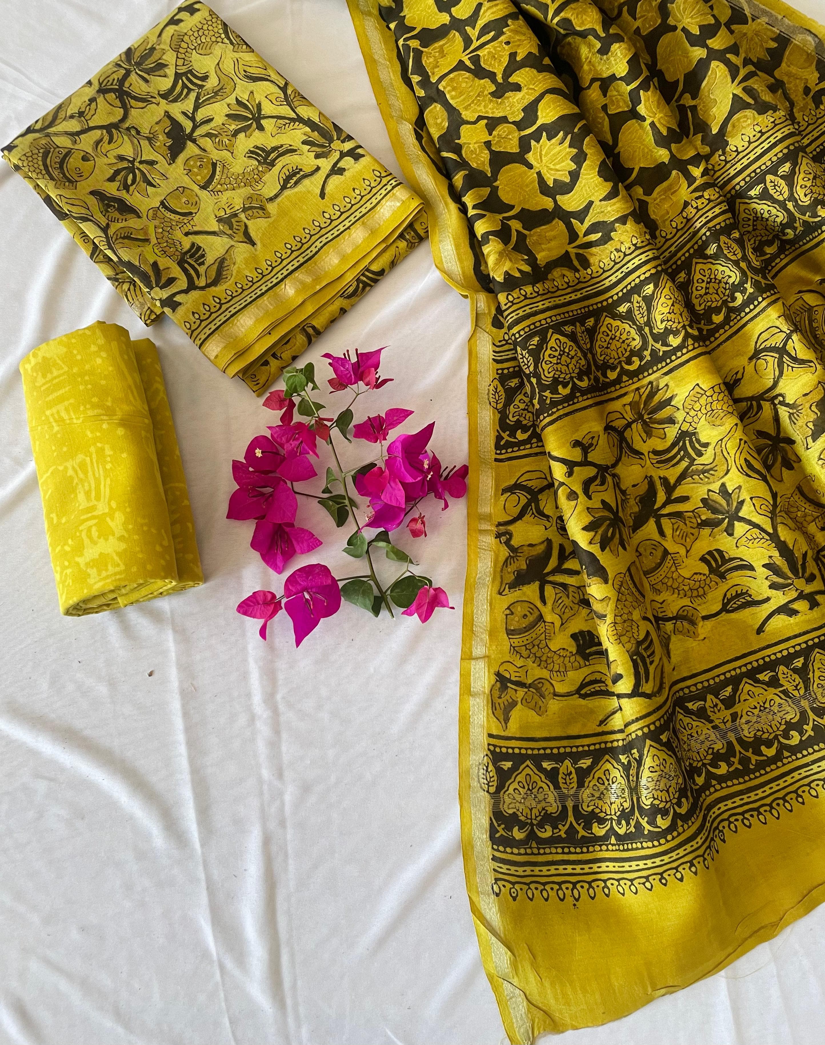 Yellow Ajrakh Print Salwar Suit in Chanderi Fabric  ( Unstitched)