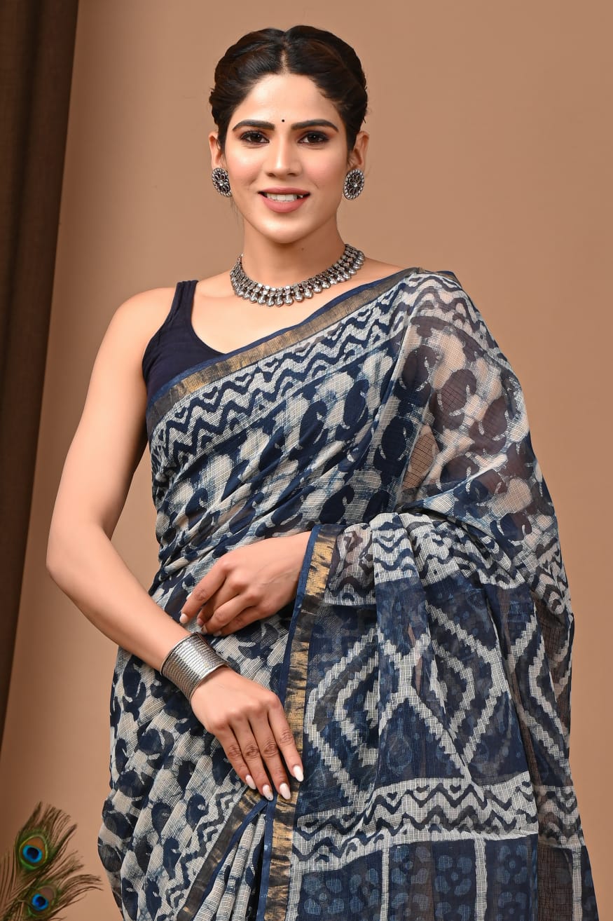 Elegant Ink Blue Traditional Kota Doria Print Saree