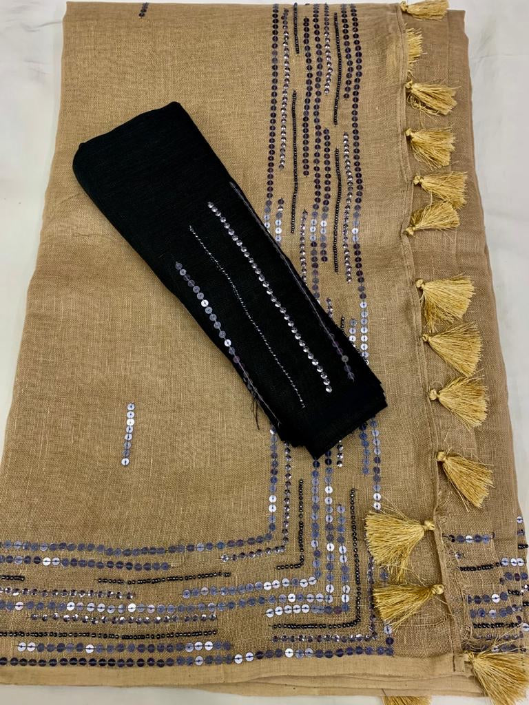 cream Pure Linen Embroidred Saree