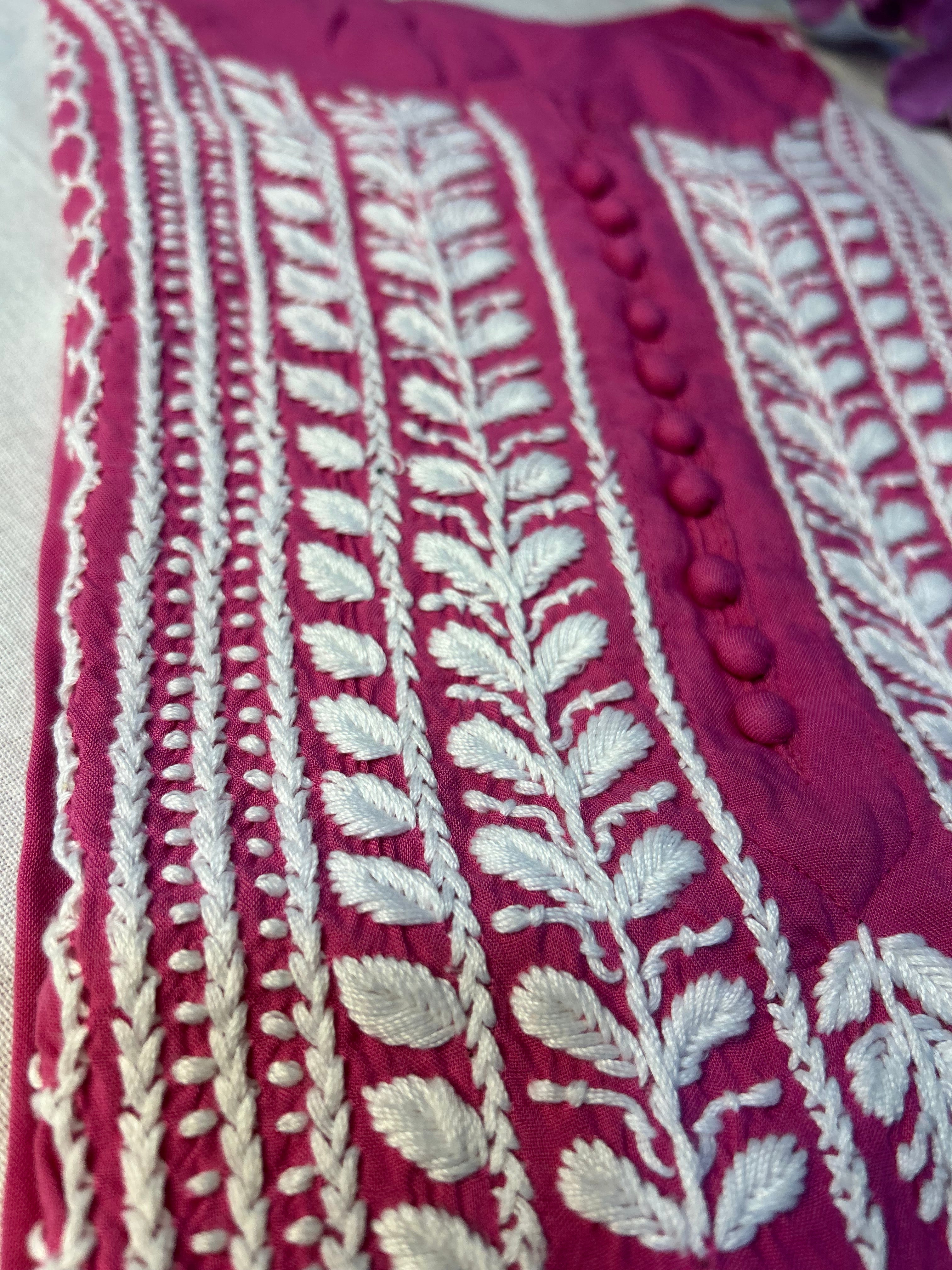 Hot Pink Chikankari Kurti In Rayon With Cotton Stripes Pant