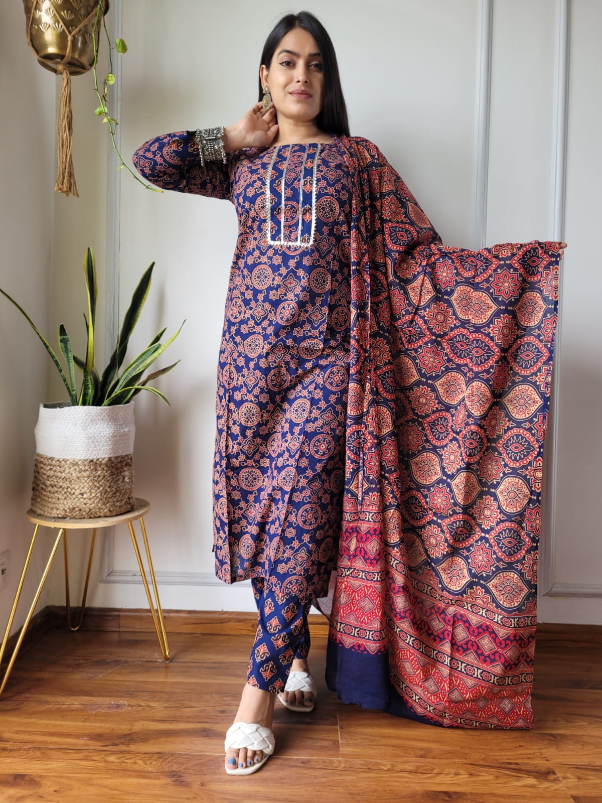 Red Blue Block Print Suit Set With Dupatta