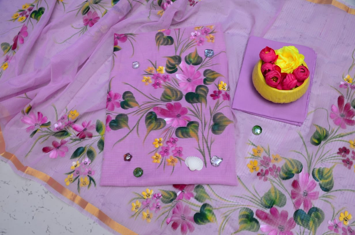 Purple Hand Painted Cotton Kota Doria Suit With Dupatta