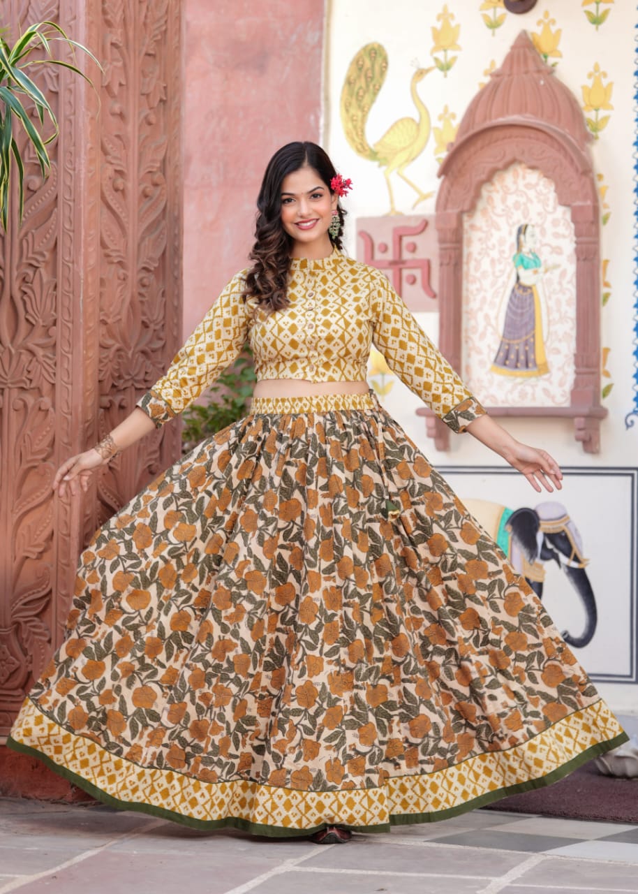 Green Block Print Flora lehenga choli Set