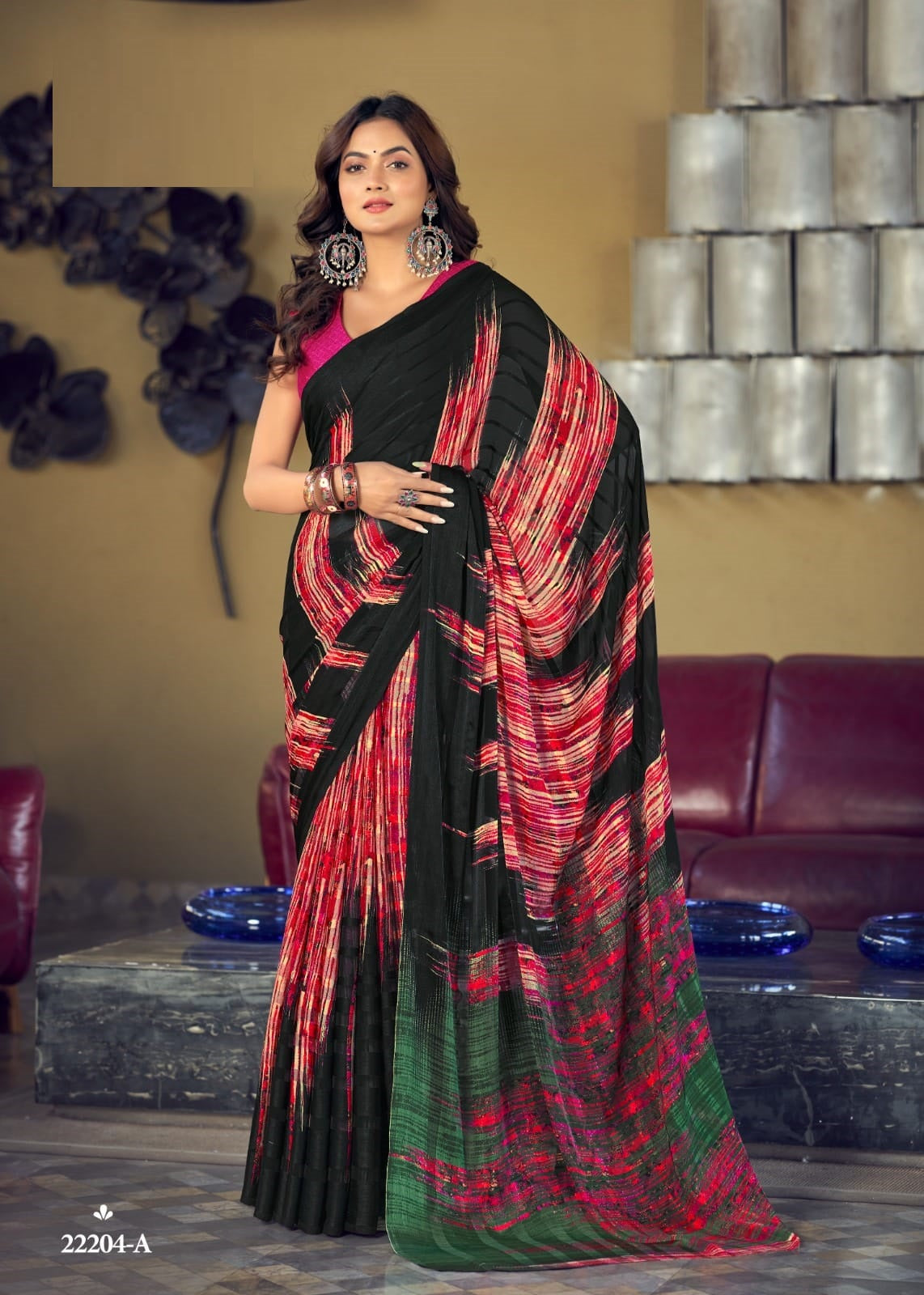 Satin Georgette Silk Saree in red black