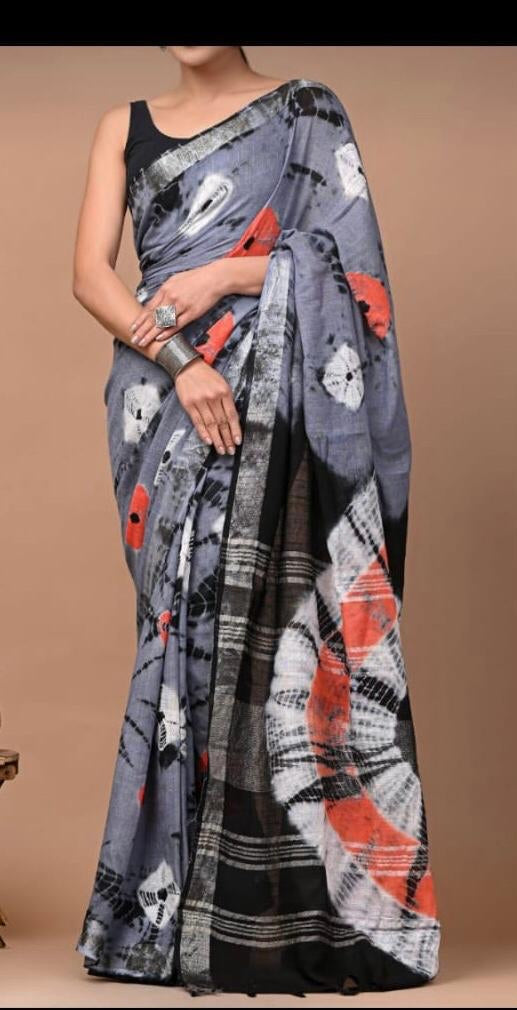 Gray Pure Linen Saree