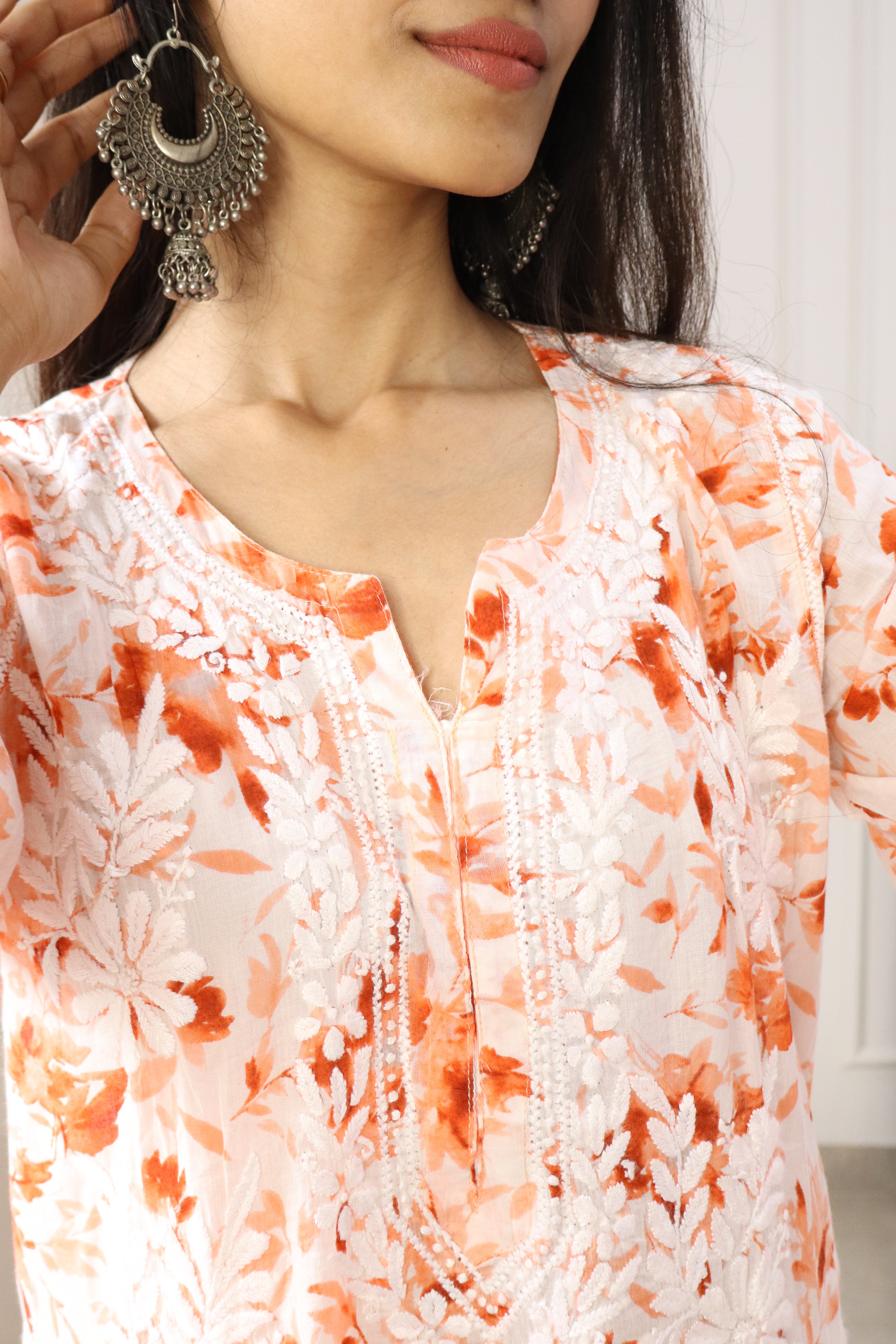 Beautiful Orange Mul mul cotton chikankari kurti