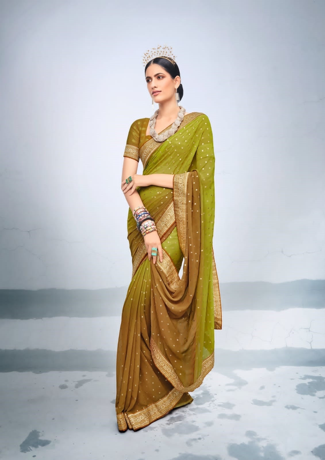 Mehandi Green foil print saree