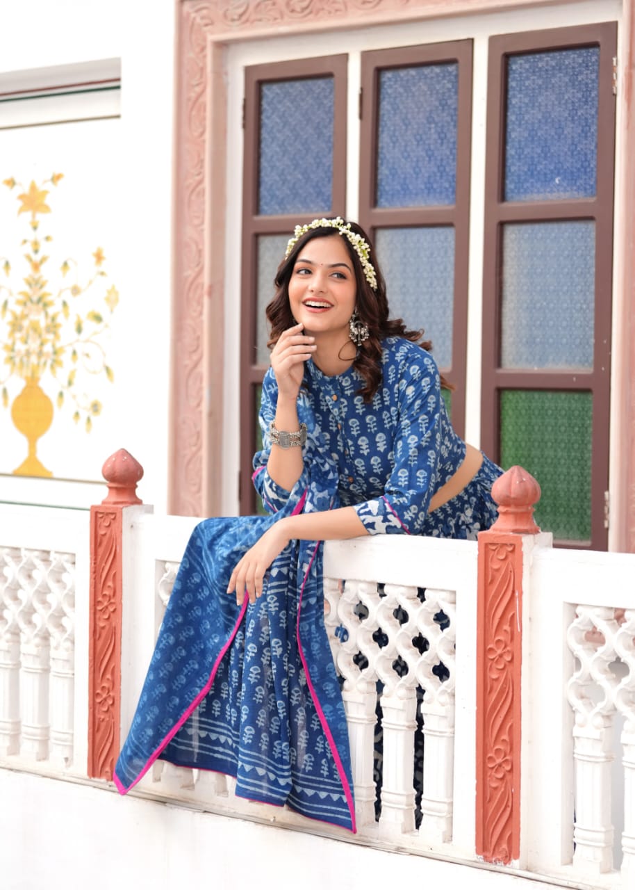 Indigo Print Bagru Flora lehenga choli Set