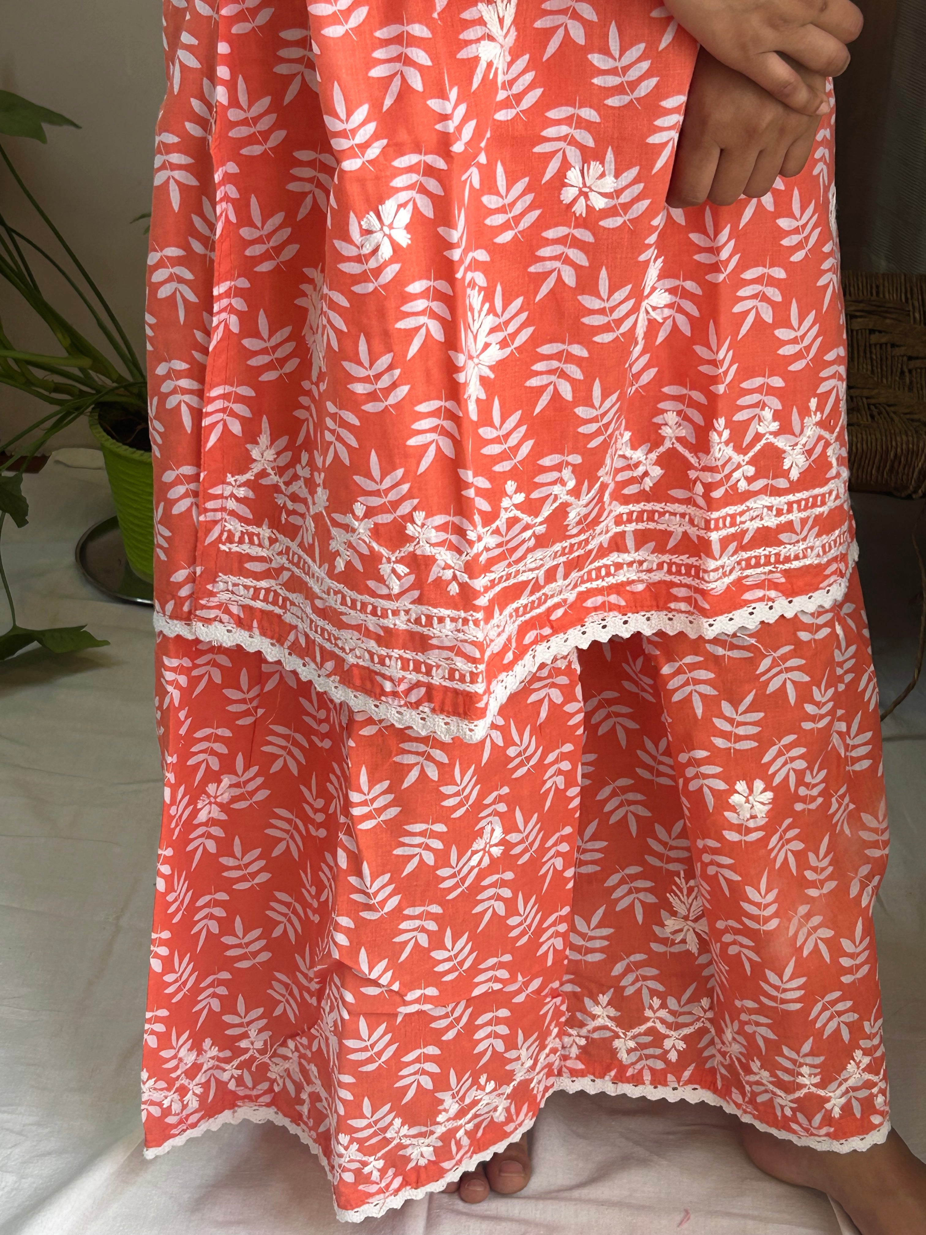 Orange Floral Lucknowi Cotton Chikankari Sharara Set