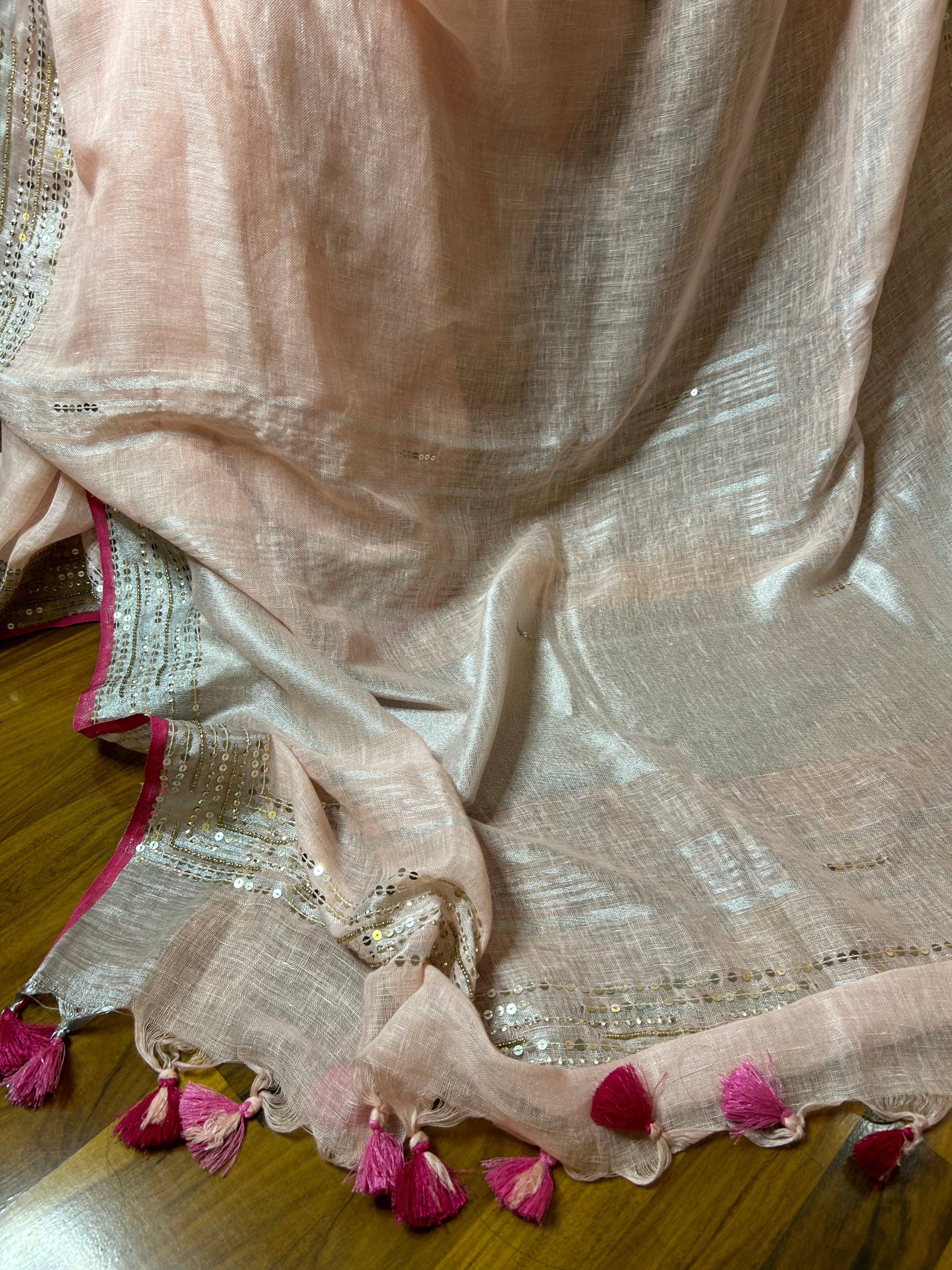Pink Linen Embroidred Saree