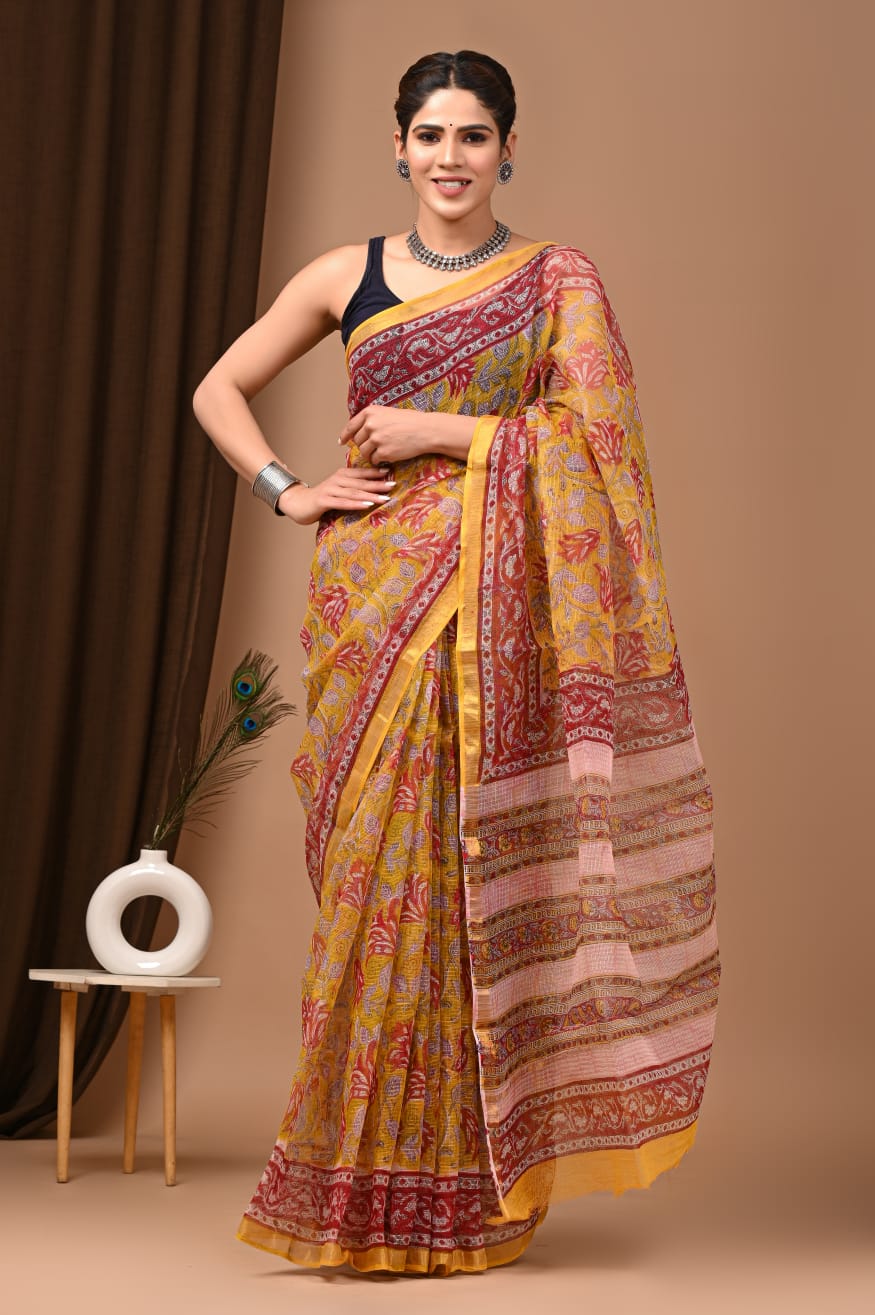 Trending Yellow Kota Doria Traditional Print Saree