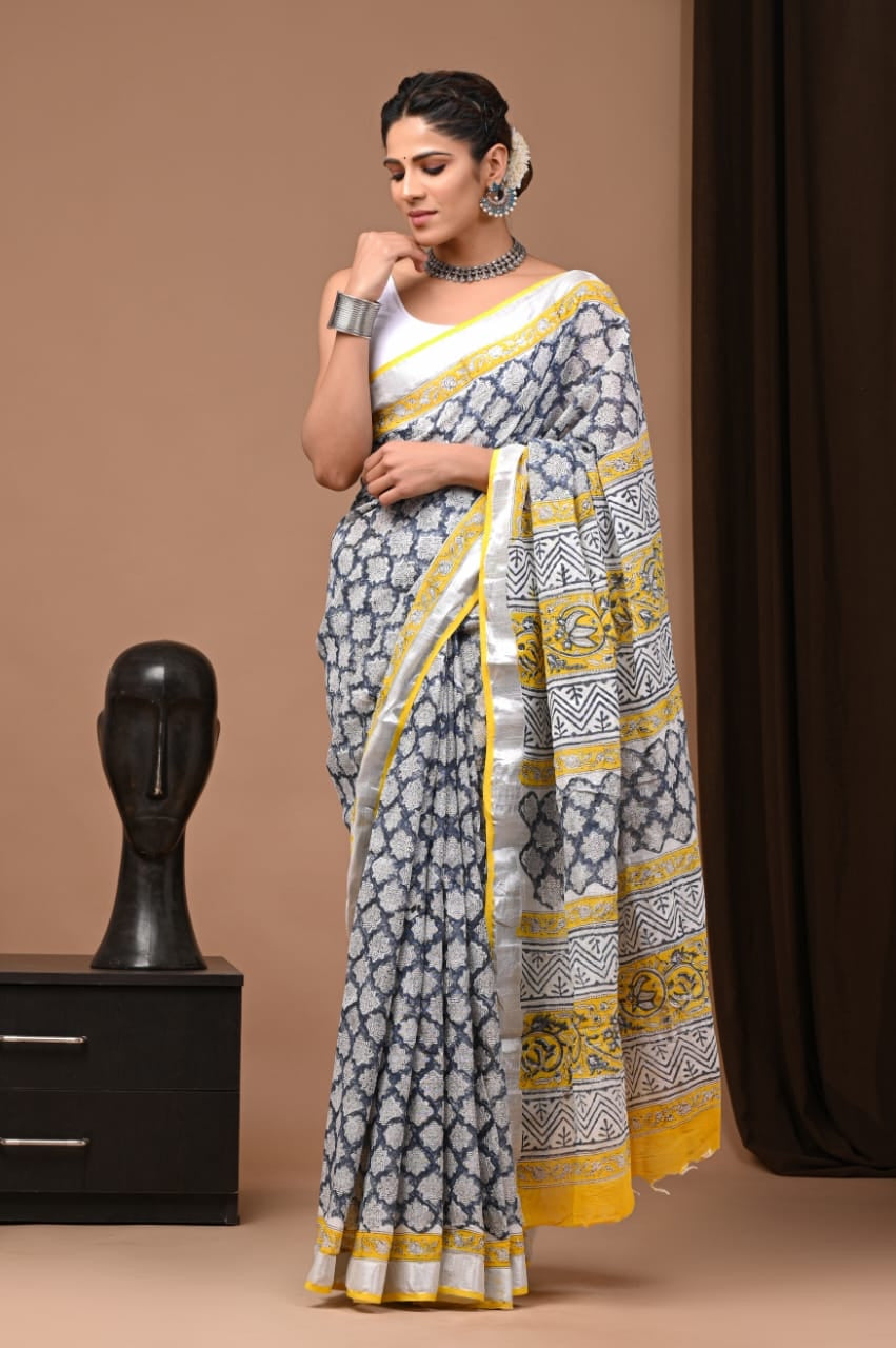 Black And White Linen Cotton Saree