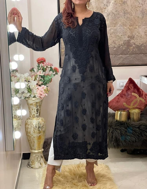 3D Work Chikankari Kurti in Black