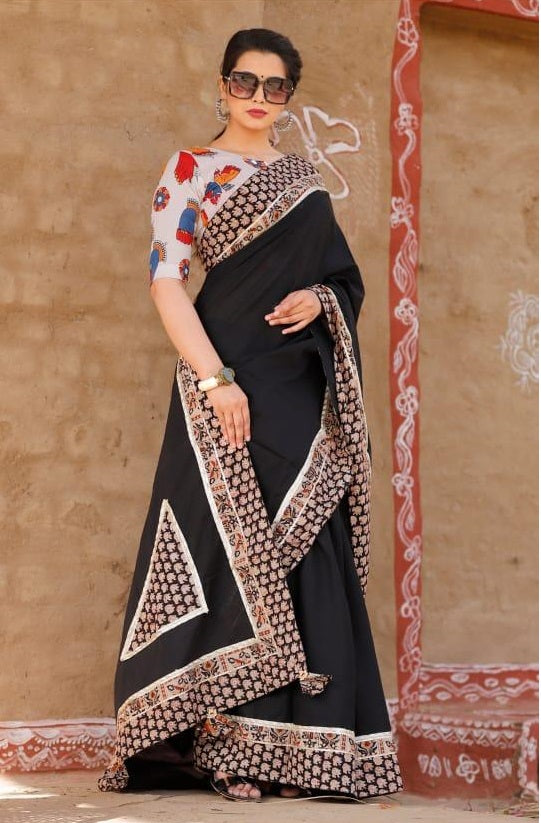 Mulmul Cotton Saree In Black