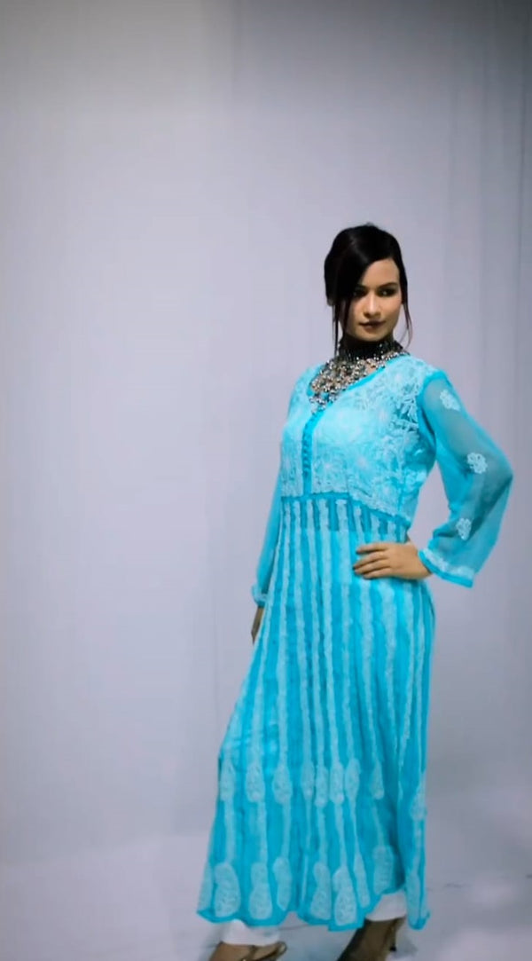 Blue Anarkali Kurti In Chikankari Work
