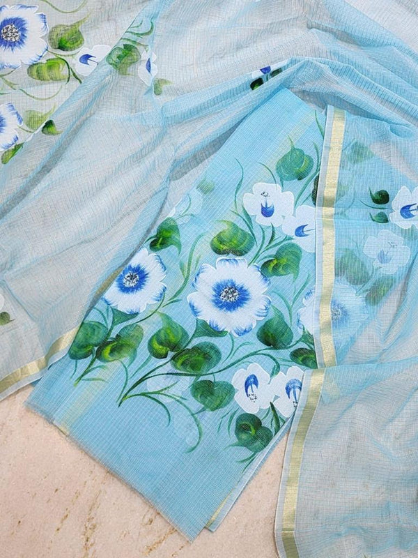 Blue Hand Painted Cotton Kota Doria Suit With Dupatta