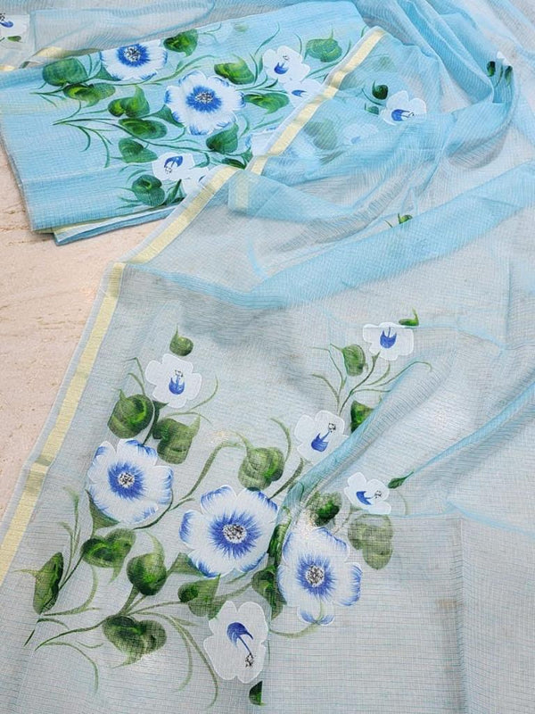 Blue Hand Painted Cotton Kota Doria Suit With Dupatta