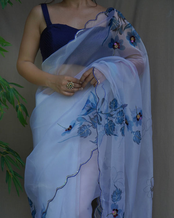Organza Saree In Light Blue