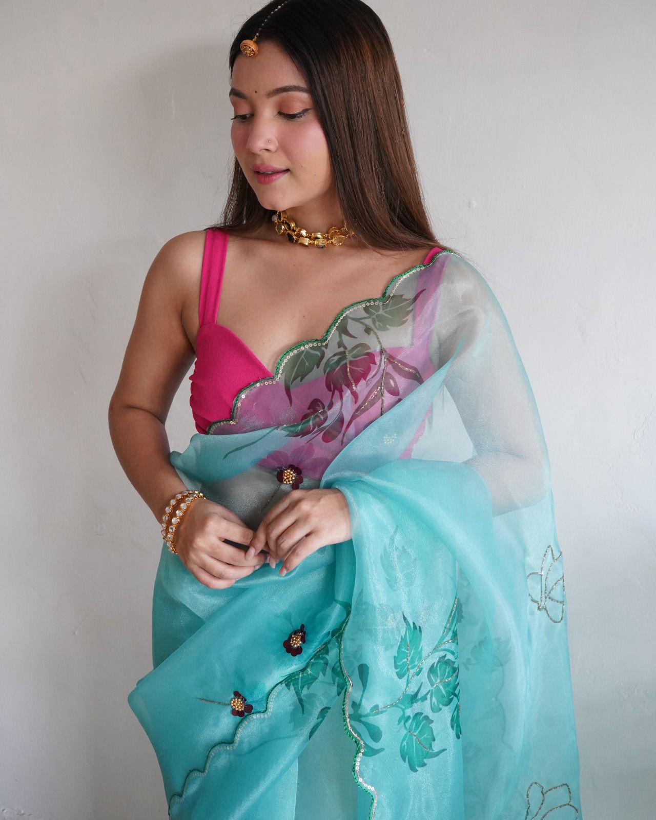 Aqua Blue & Multi Coloured Pure Organza Silk with Double shaded Print, –  Royskart