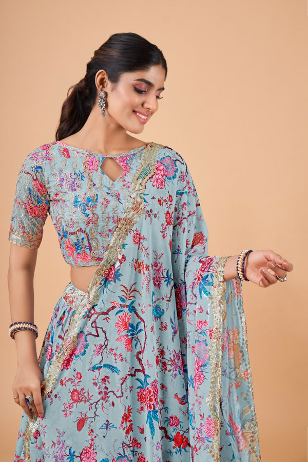 Stylish Blue Floral Organza Lehenga