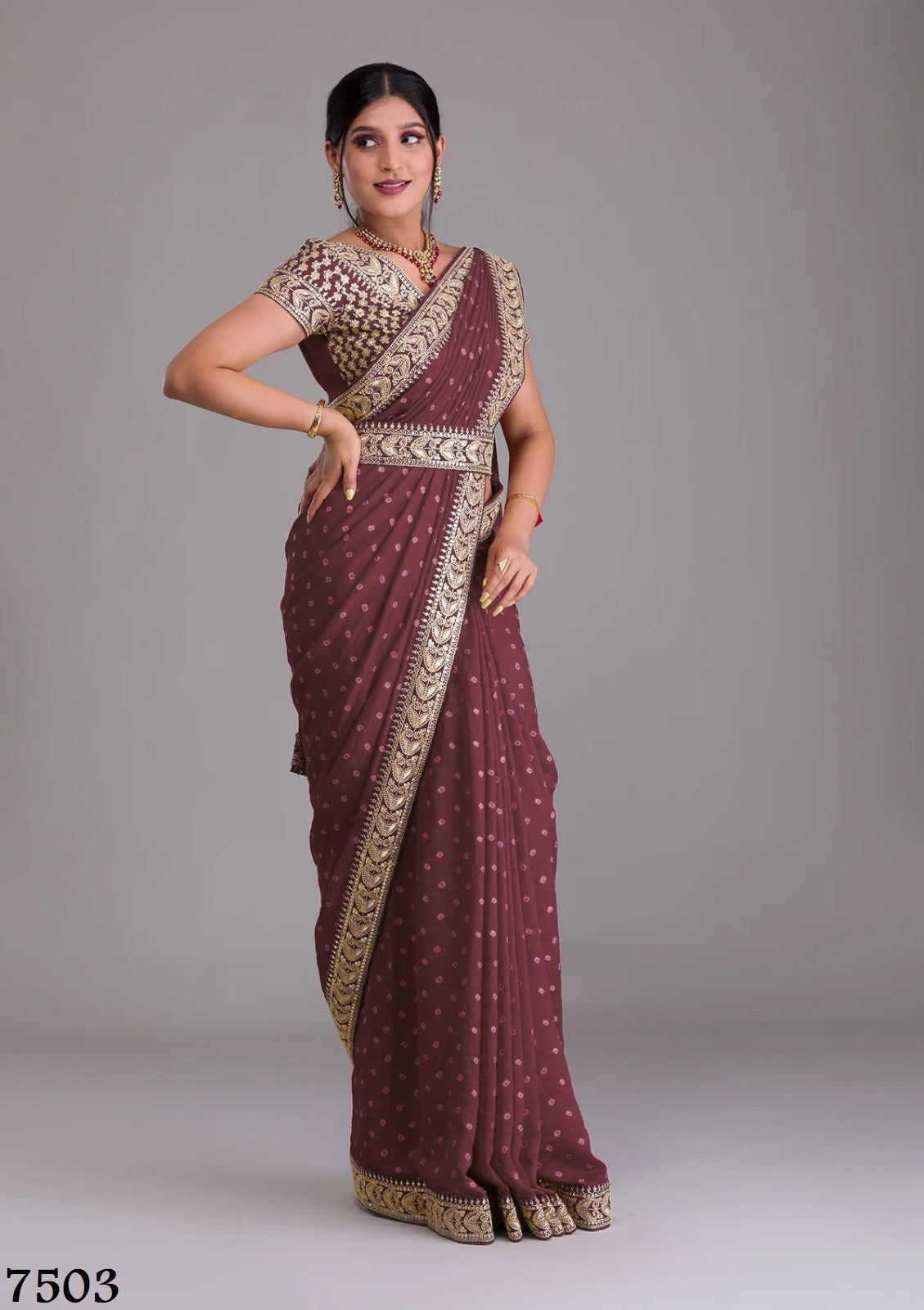 Silk Embroidery Saree In Chestnut Color