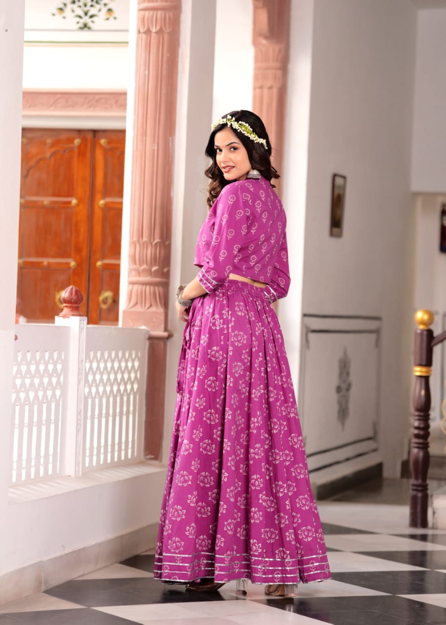 Purple  Block Print Flora lehenga choli Set