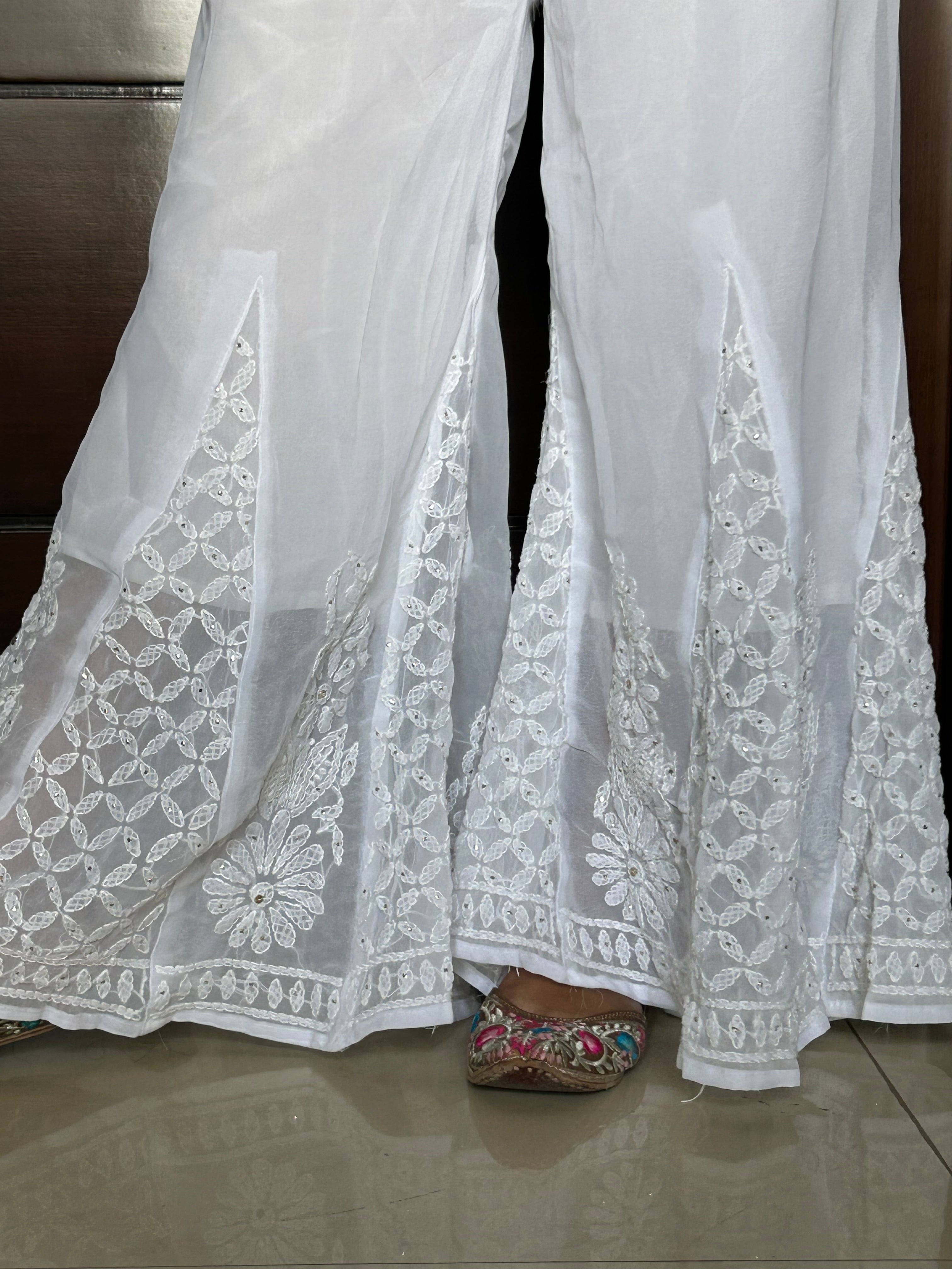 Sequence Work White Lucknowi Chikankari Sharara