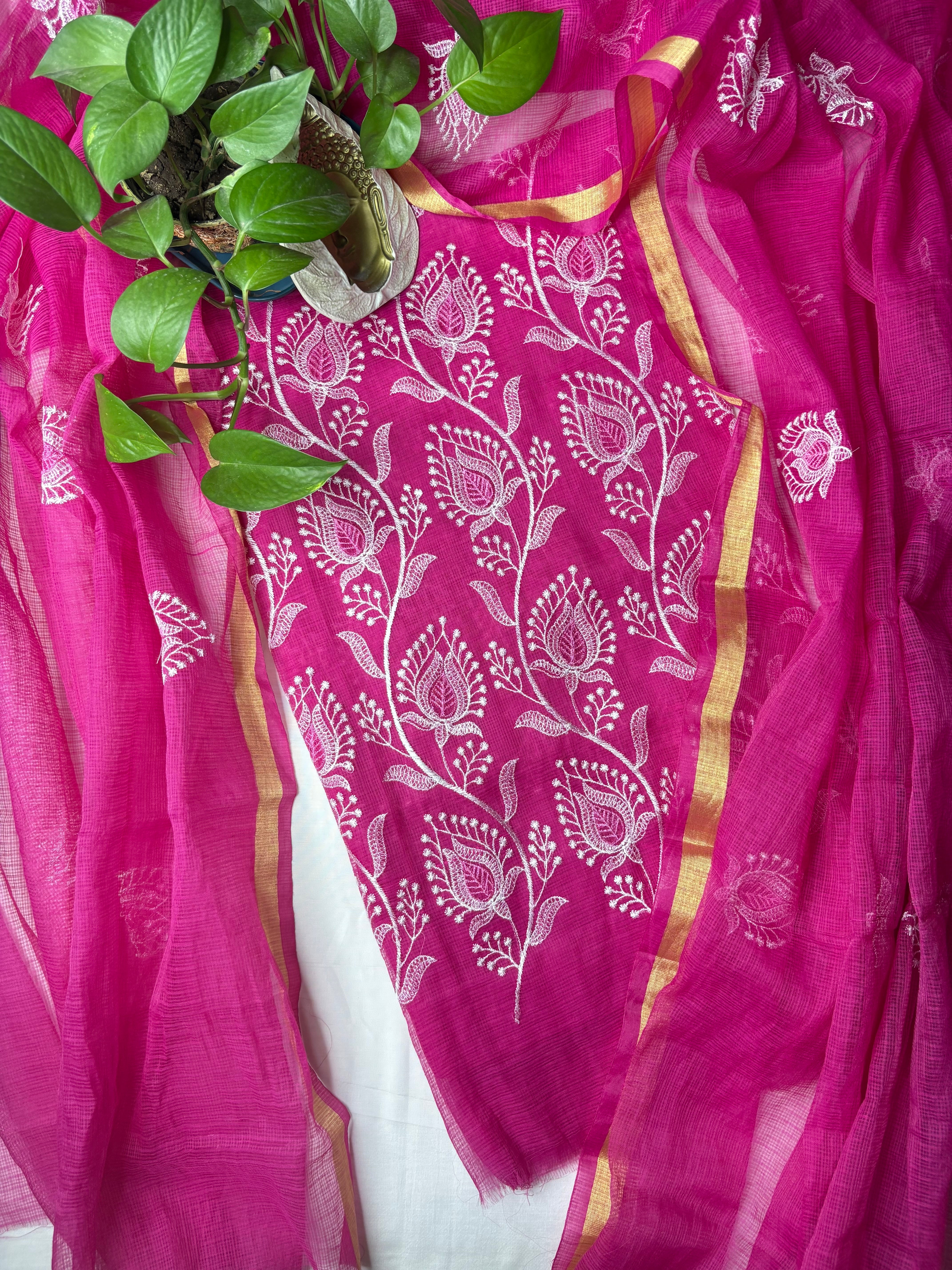Rajyalakshmi- Kota Doriya Embroidery Work Suit In  Rani pink