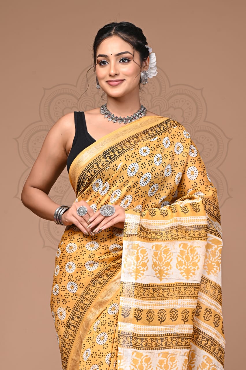 White And yellow Maheshwari Handblock Printed Saree