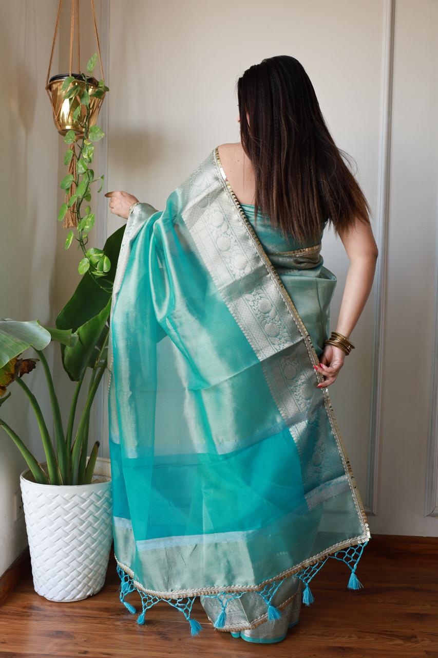 Celebrity Look Blue Tissue Saree