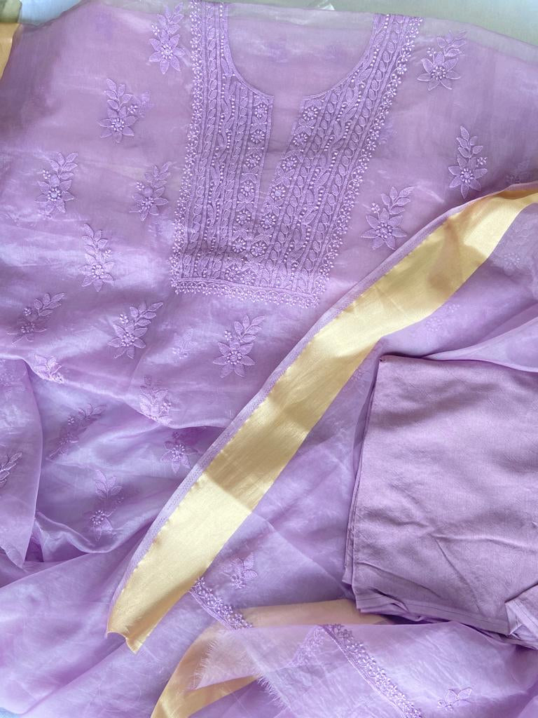 Lavender Purple Chikan work Organza Salwar Suit fabric