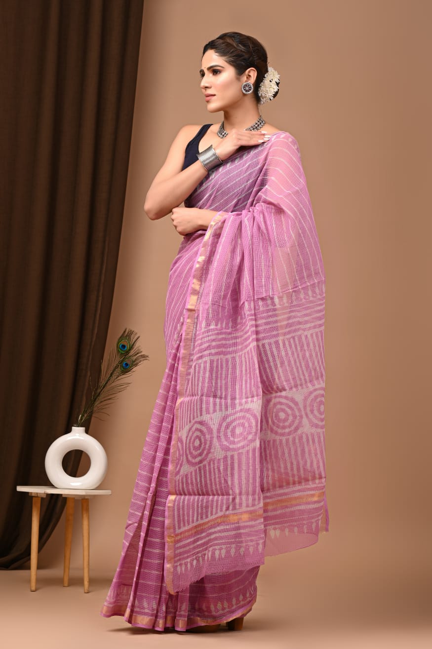 Trending Blush Blue Kota Doria Traditional Print Saree