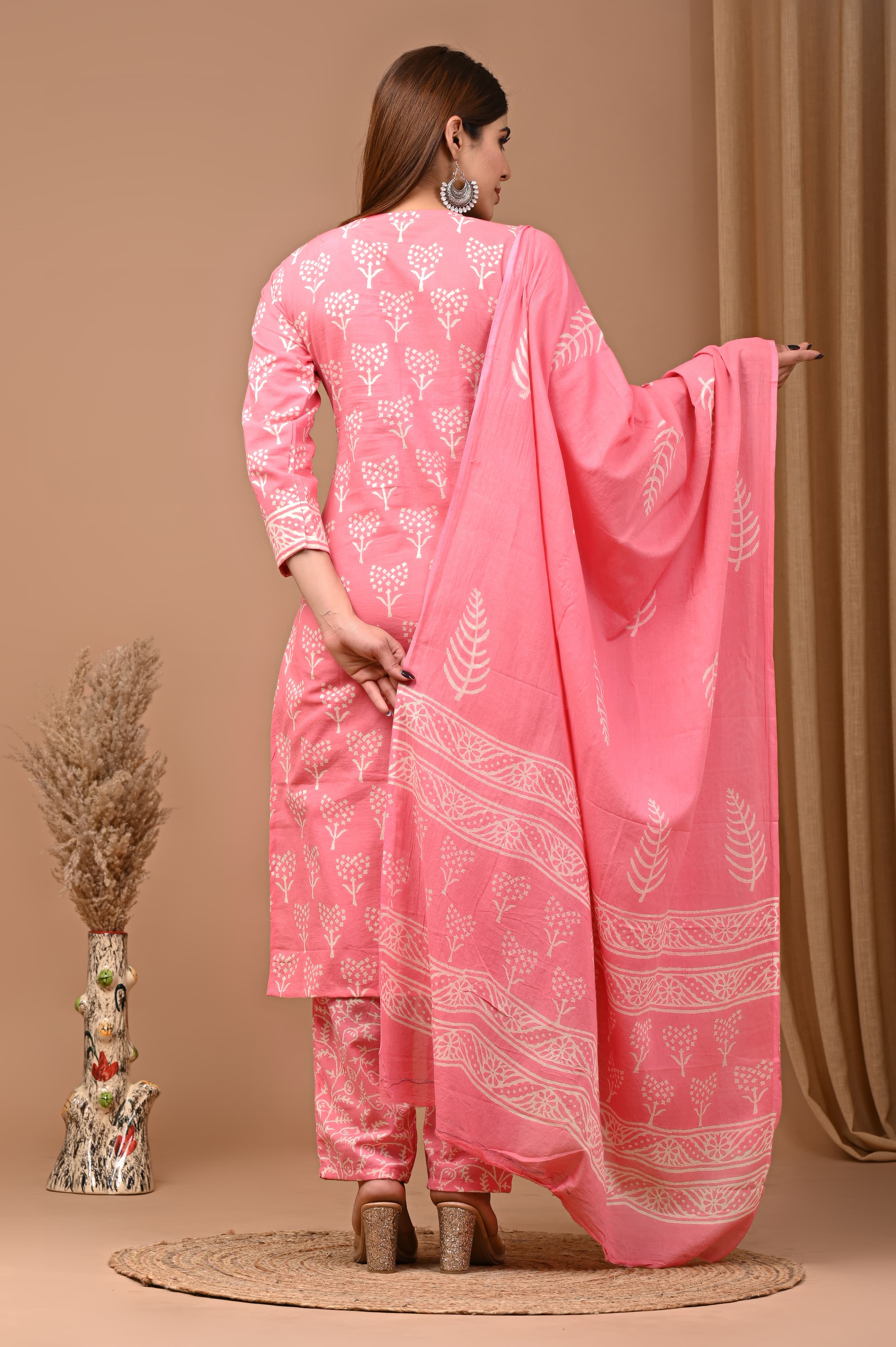 Gajri Pink Block Print Suit Set And Dupatta