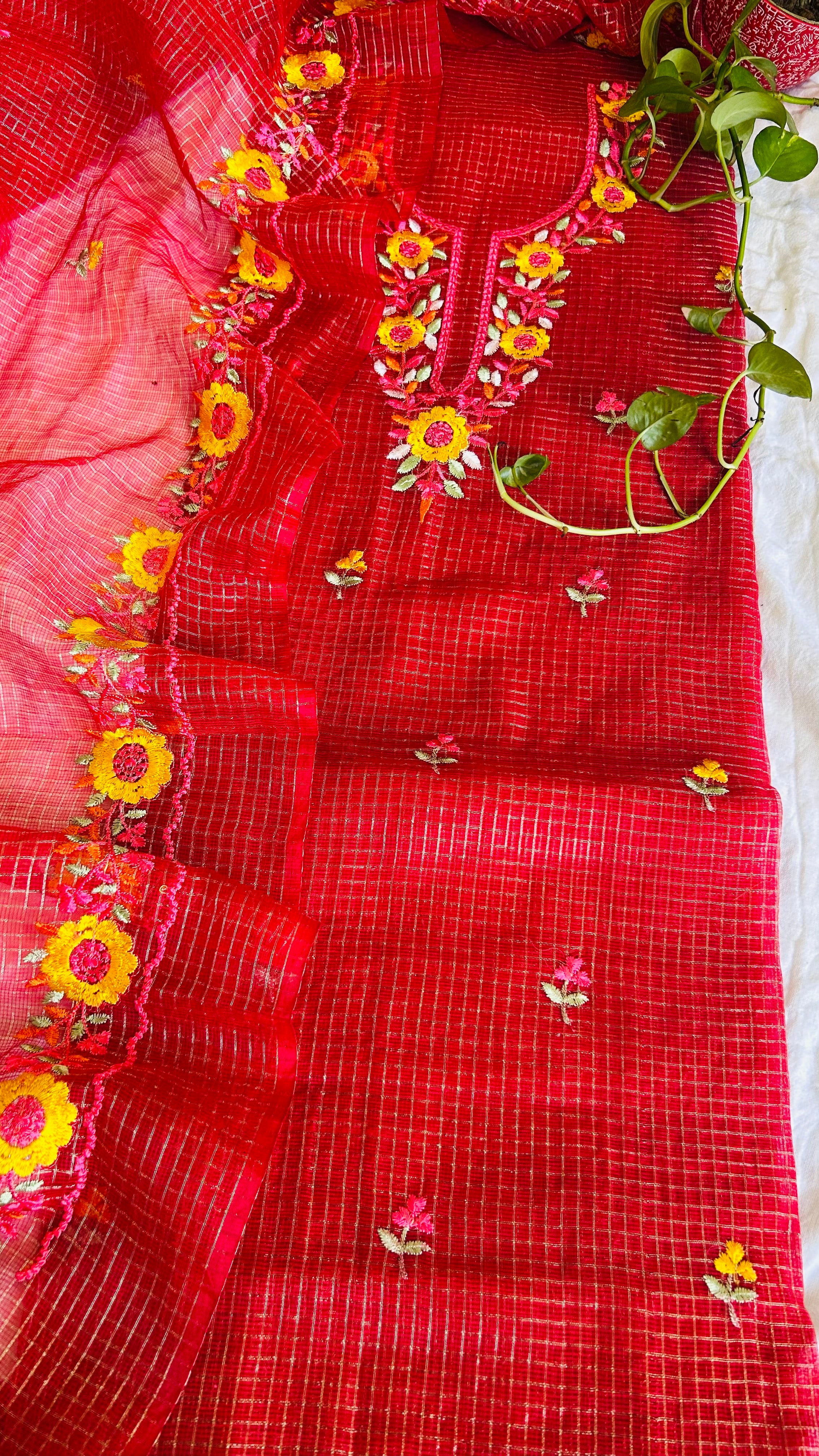Kota Doria Embroidered Suit Set In Red (unstitched)