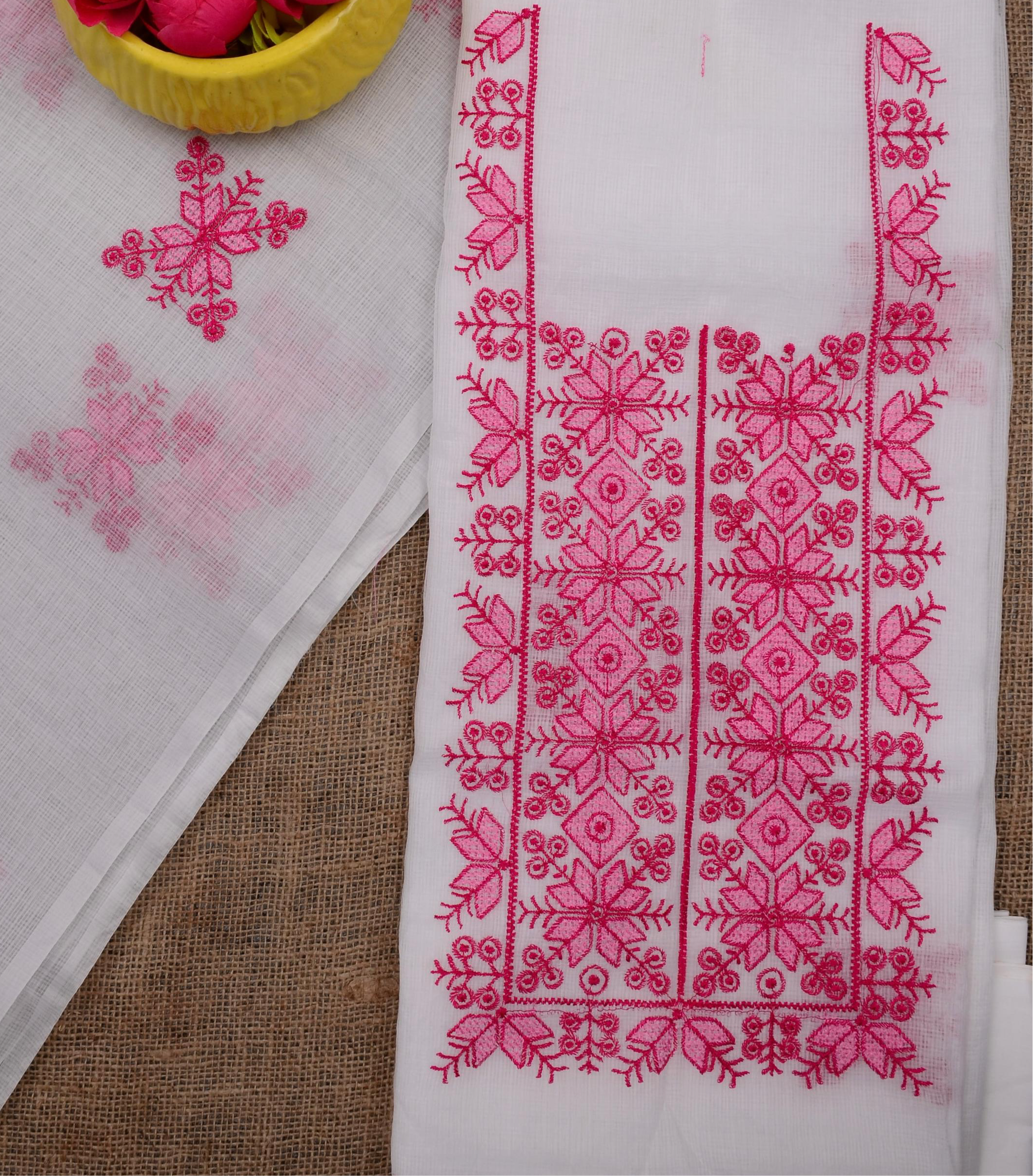 Beautiful Kota Doria Suit In white Colour With pink Embroidery Work