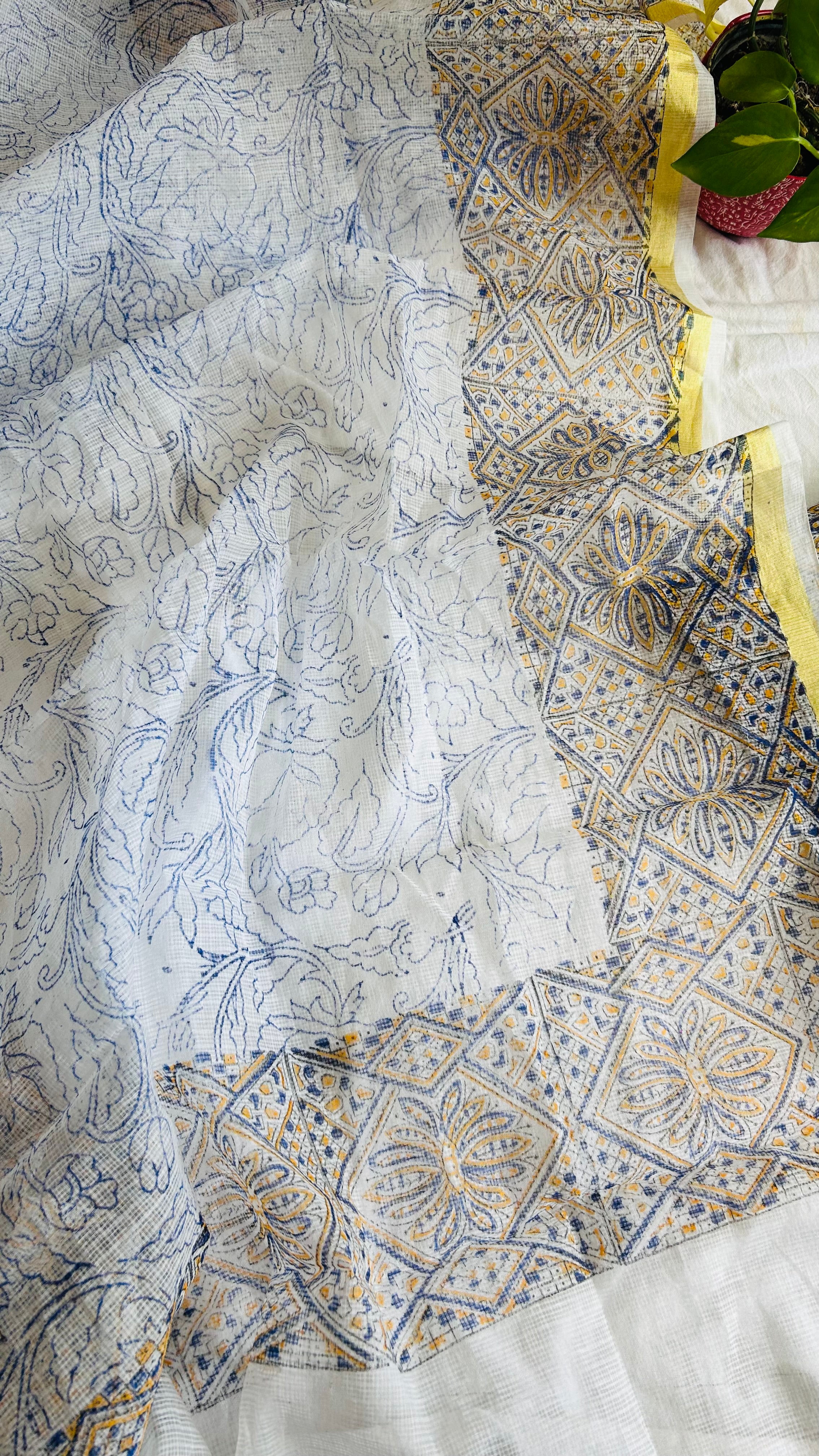 Summer Look Kota Doria Hand Block Print Suit In White (unstitched)
